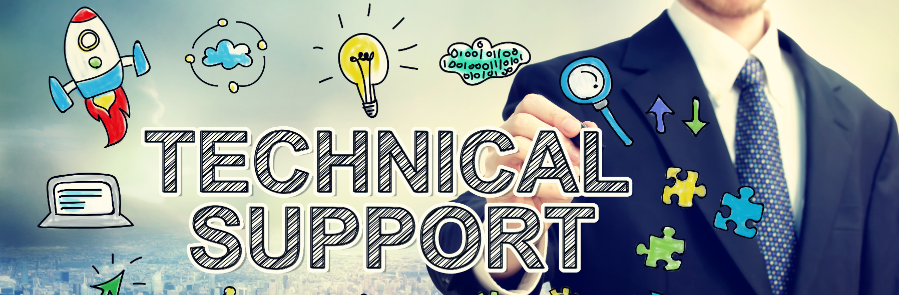 Businessman drawing Technical support concept on blurred abstract background