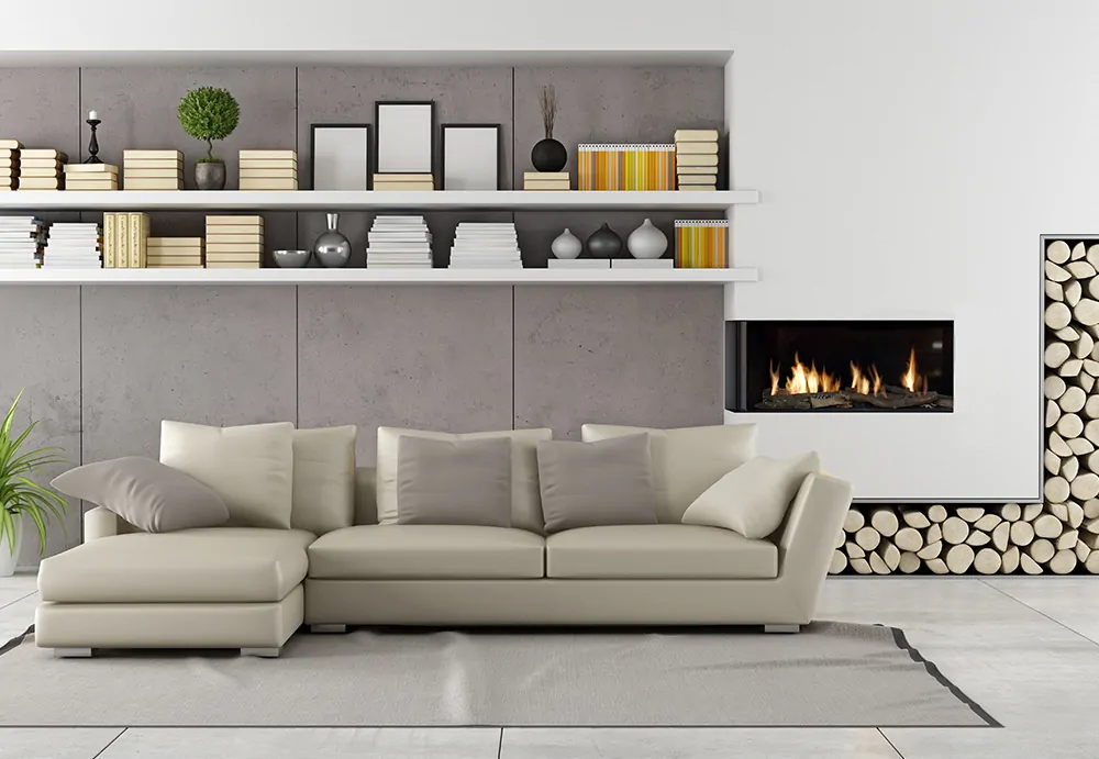 Contemporary living room with a minimalist linear Flare Left Corner 50" fireplace, beige sectional sofa, and built-in log storage. LC-50