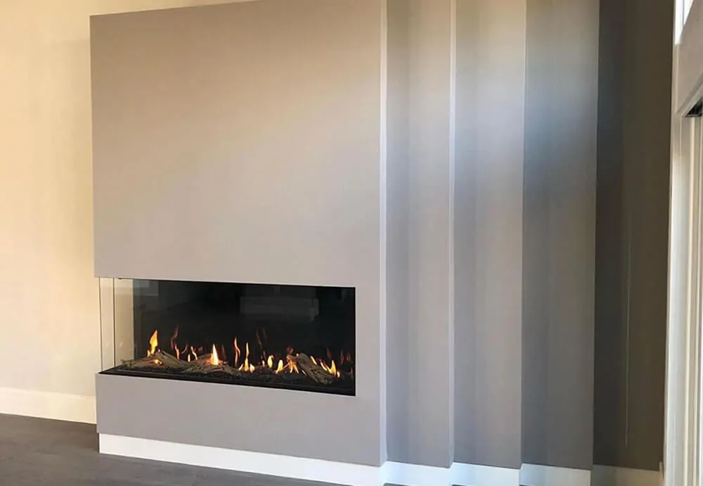 Modern Left Corner 50" Flare fireplace with clean, minimalist design and a sleek gray surround. LC-50