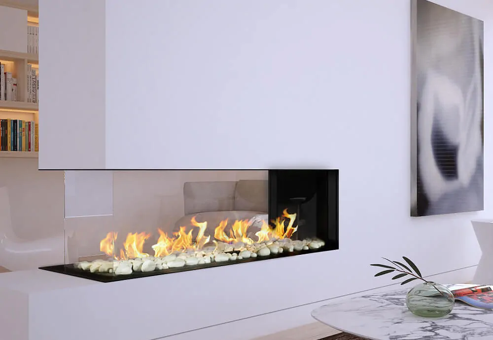 3-sided gas fireplace in a minimalist living room: Flare Room Definer 70 with white decor and modern art.
