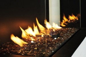 Flare modern fireplace with broken glass media