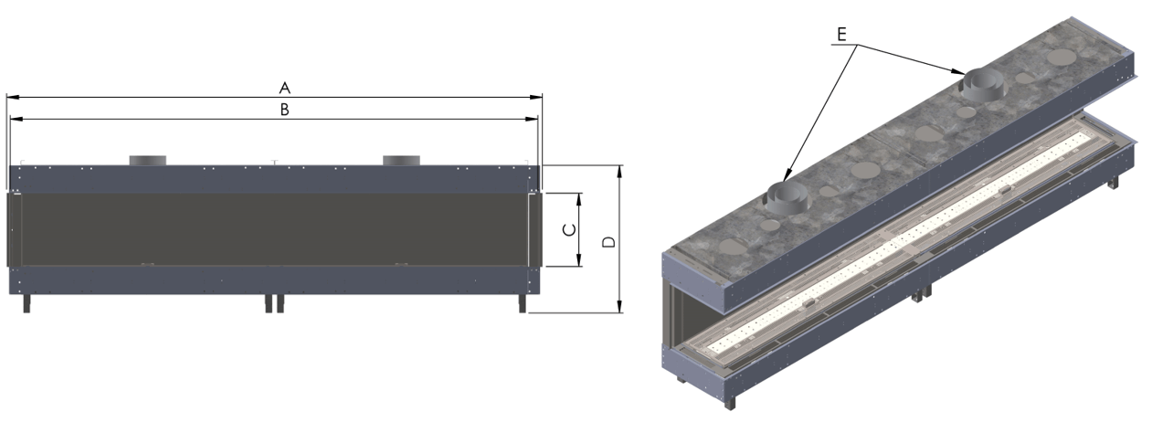 DC LONG Side by Side Labeled Double Corner Long unit associated with Model Size Chart