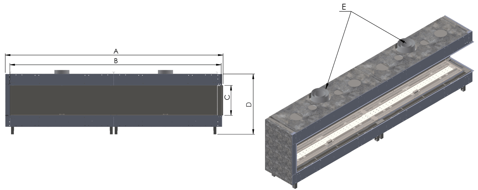 RC LONG Side by Side Labeled Right Corner Long unit associated with Model Size Chart