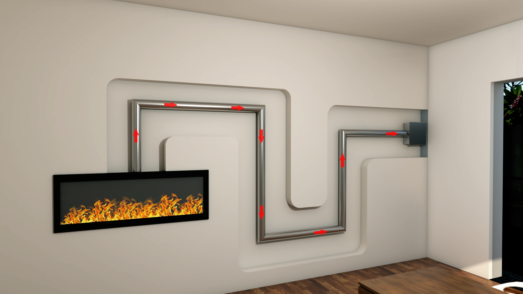 A frameless linear Flare fireplace installed in a modern interior made possible by flexible power venting
