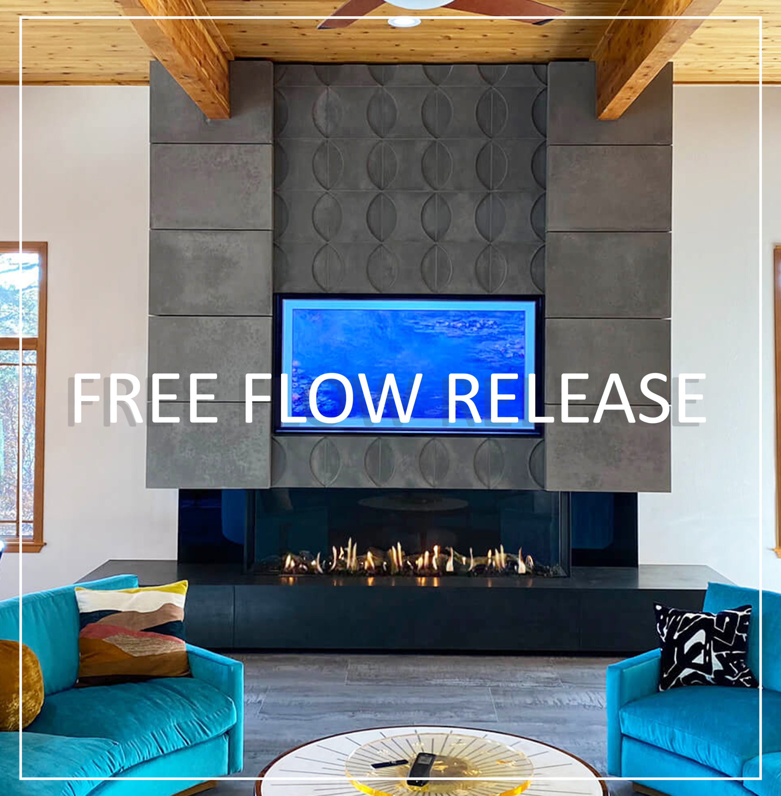 Contemporary living room featuring a modern linear direct vent fireplace with textured gray paneling, integrated TV, and Free Flow passive heat release system.
