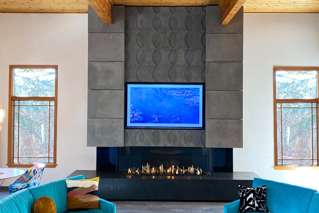 Modern frameless corner gas fireplace with linear flame in a high-end interior design project by Flare Fireplaces