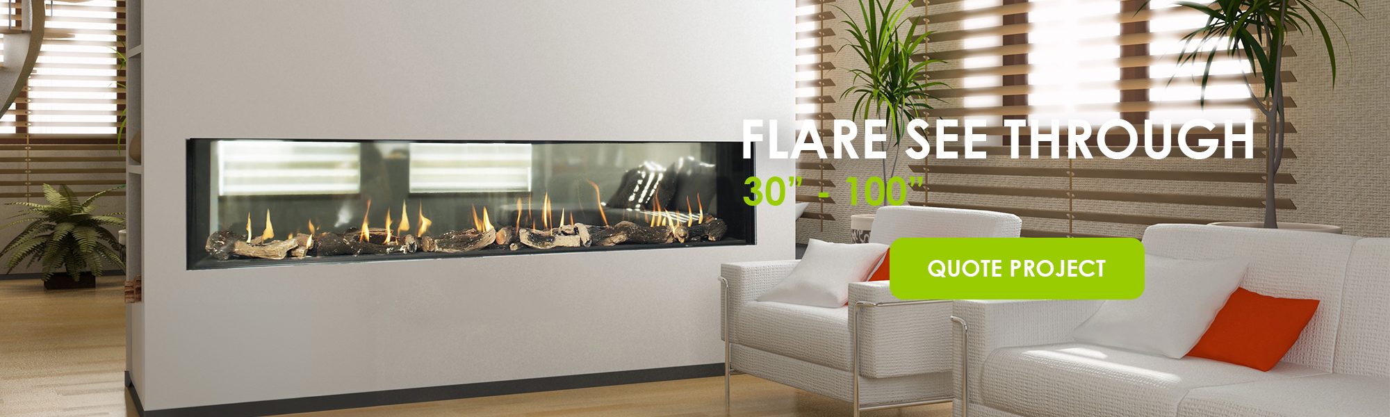 100-inch see-through linear gas fireplace with 24-inch high glass, modern double-sided design, and tall realistic flames.