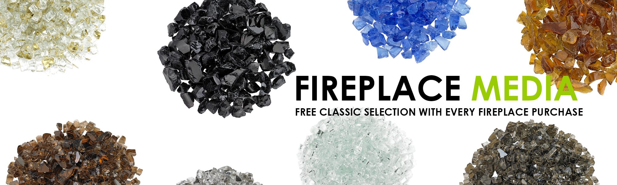 Fireplace media options featuring decorative fire glass and stone in multiple colors for modern gas fireplaces.