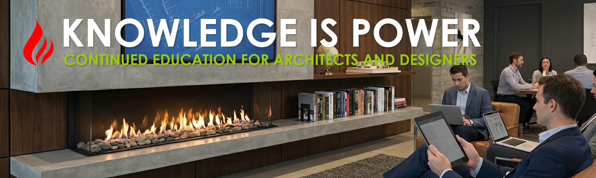 Continued education course for architects and designers held in a modern showroom featuring a Double Corner 80-inch linear gas fireplace.