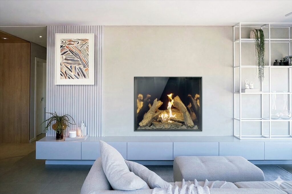 Traditional 42-inch frameless gas fireplace with Flare Bonfire burner and large oak log set in a modern living room