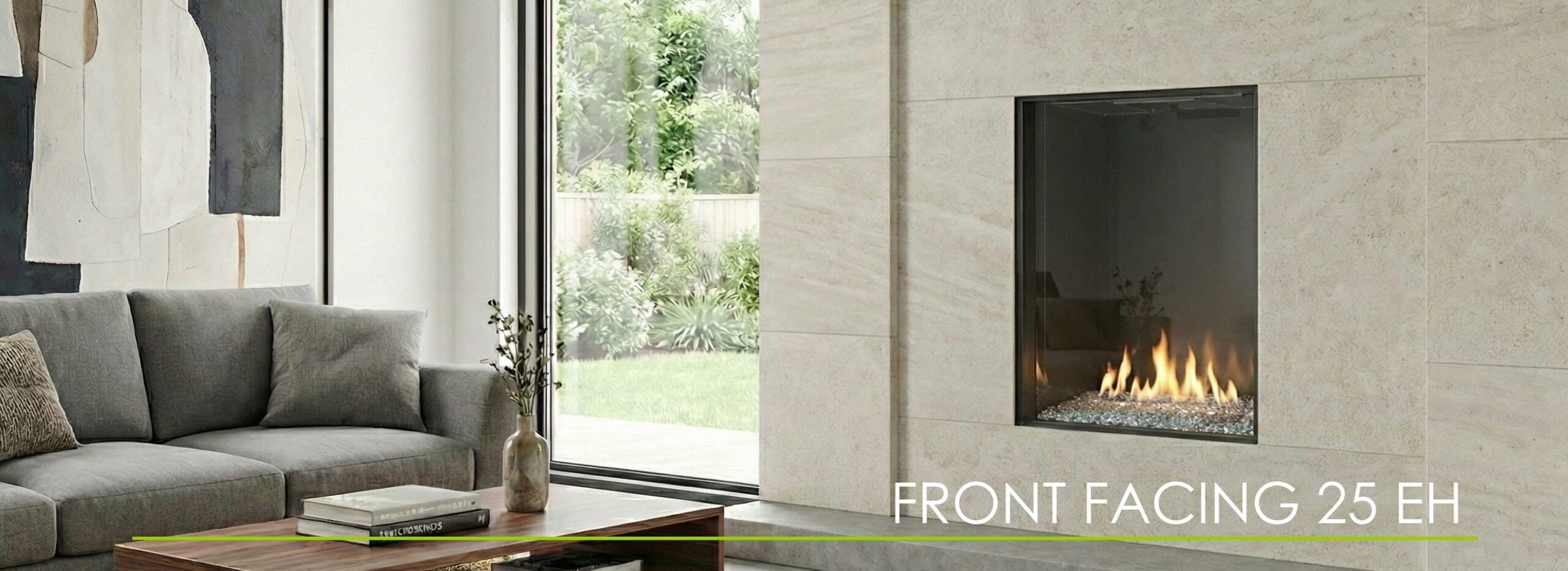 Front Facing 25-inch linear gas fireplace with 30-inch extra high glass, modern frameless design