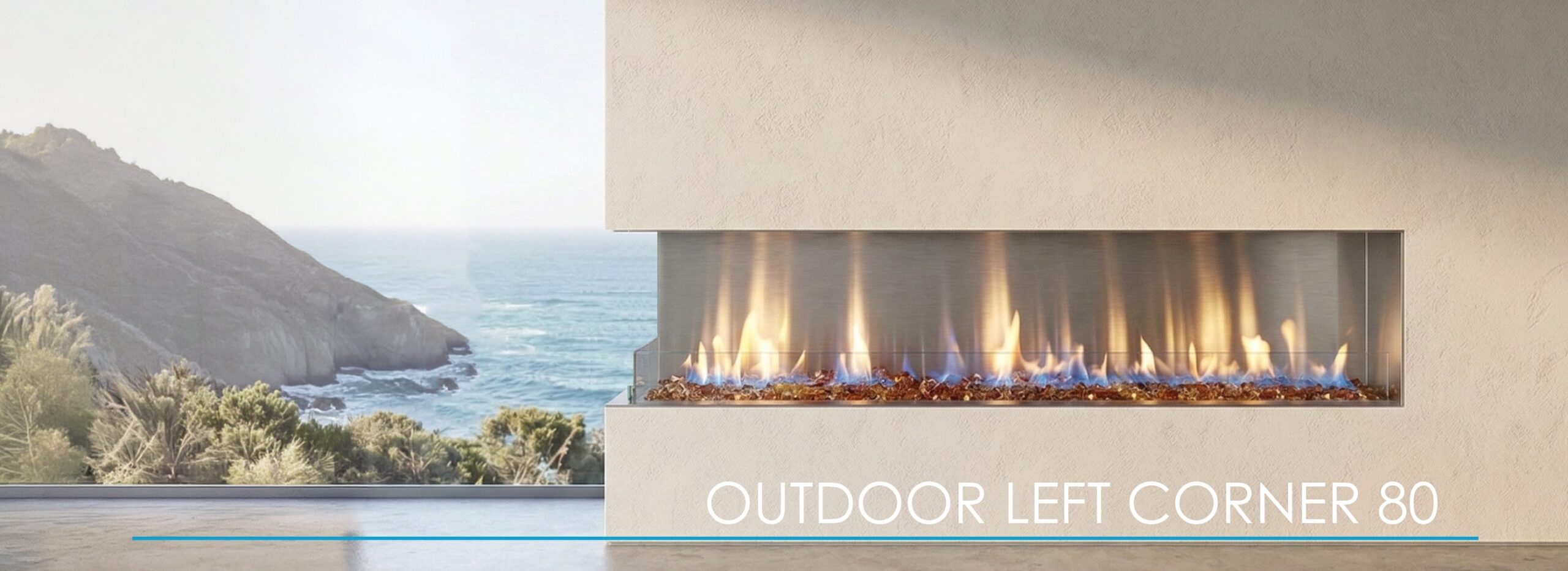 Front Facing 70-inch linear fireplace with 16-inch glass featuring the Driftwood Summit burner system, shown in a modern room