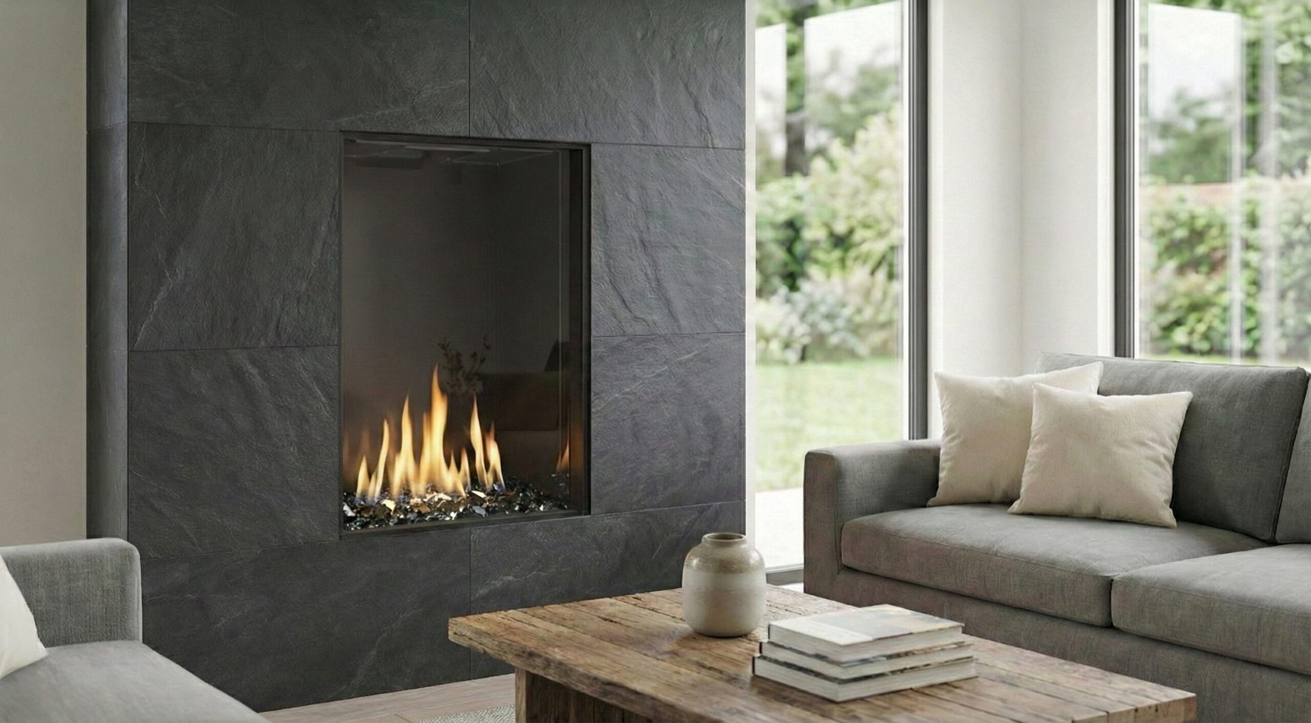 A modern Flare frameless gas fireplace with flames set into a dark slate wall