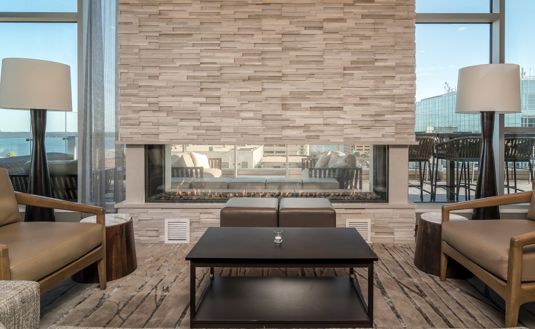 AC Marriott Madison hotel exterior - Flare see-through indoor-outdoor fireplace project