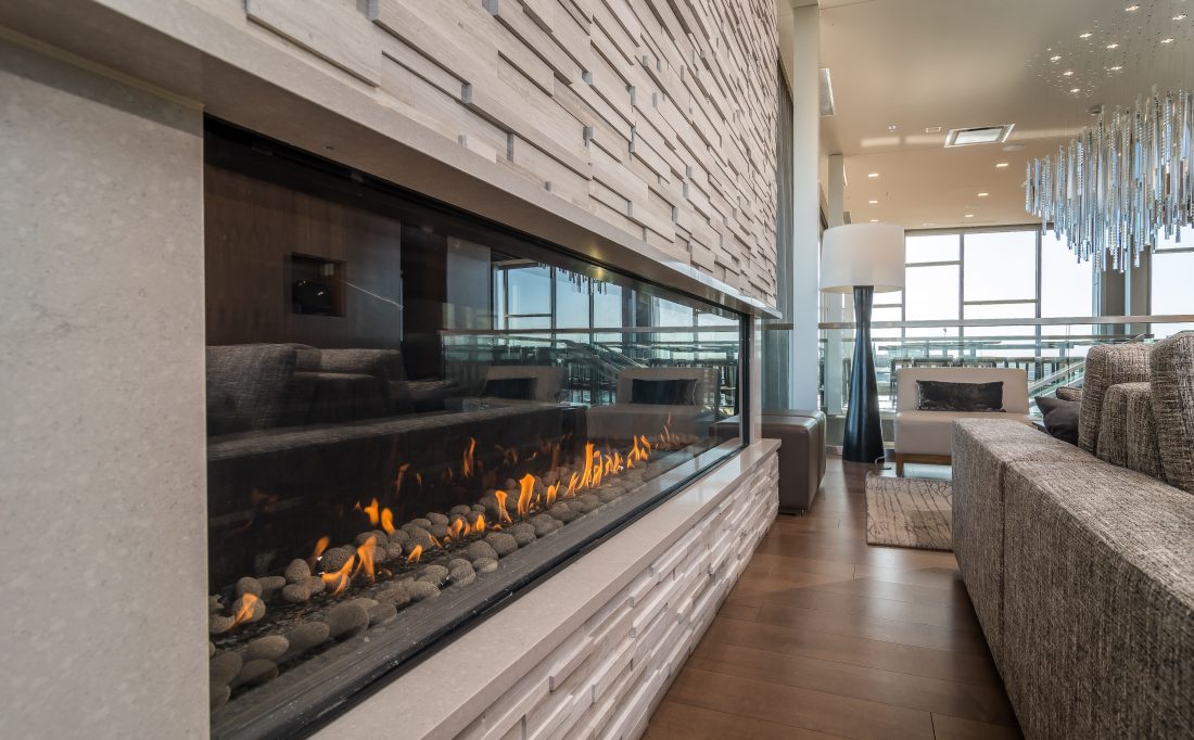 Frameless see-through gas fireplace in AC Marriott Madison hospitality project