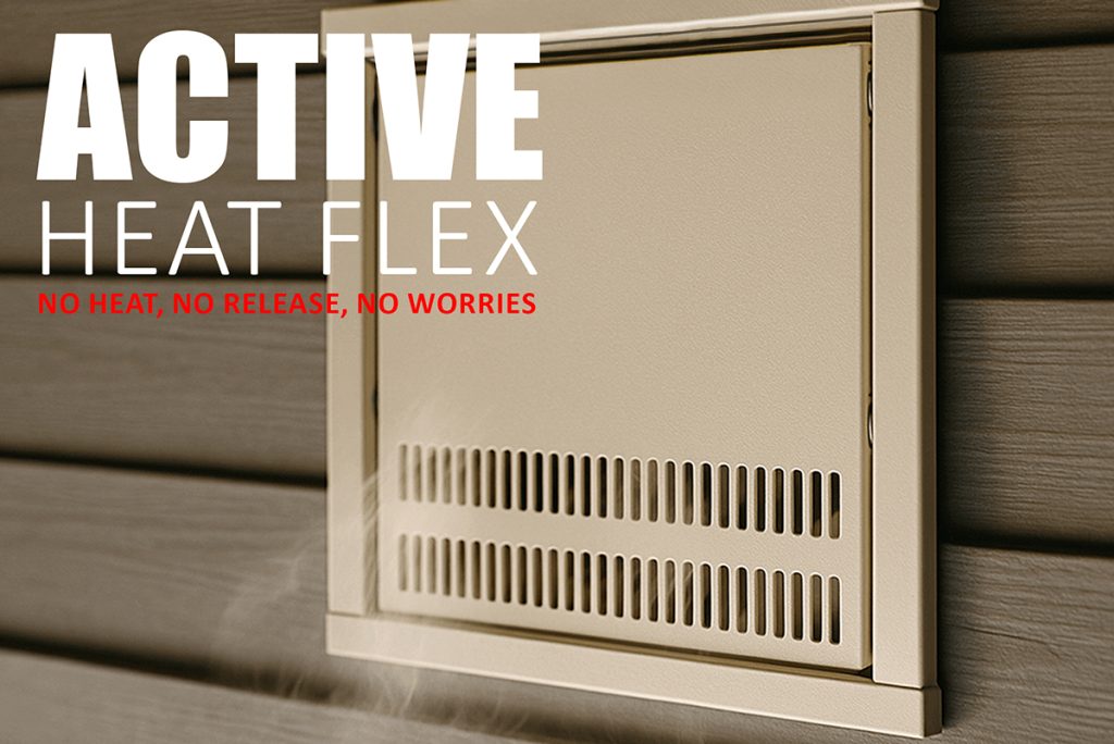 Exterior vent for Active Heat Flex heat management system on wood siding, gently exhausting fireplace heat outside.