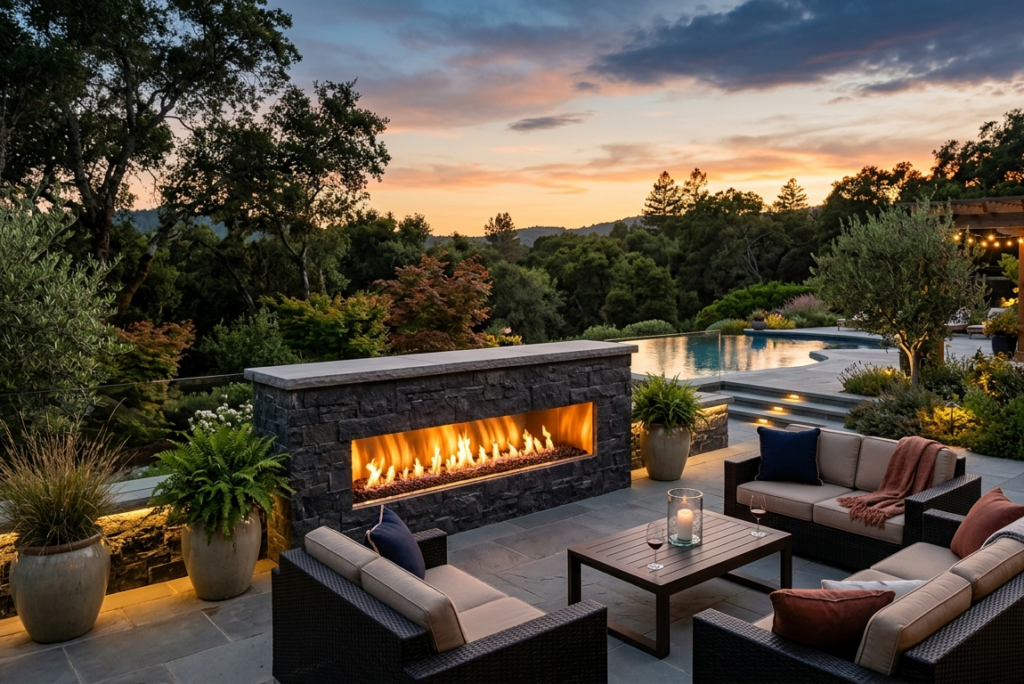 Flare VFF-80 modern outdoor linear gas fireplace using natural gas in a luxury outdoor living space