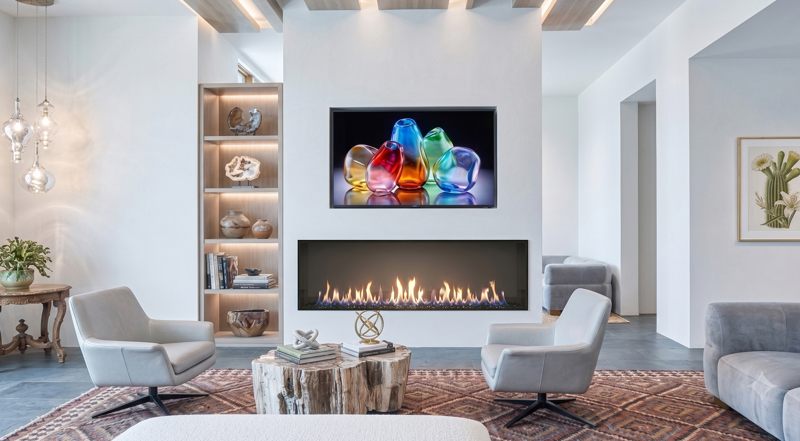 Front Facing 100" x 24" direct vent fireplace installed below a wall-mounted TV in a bright modern living room