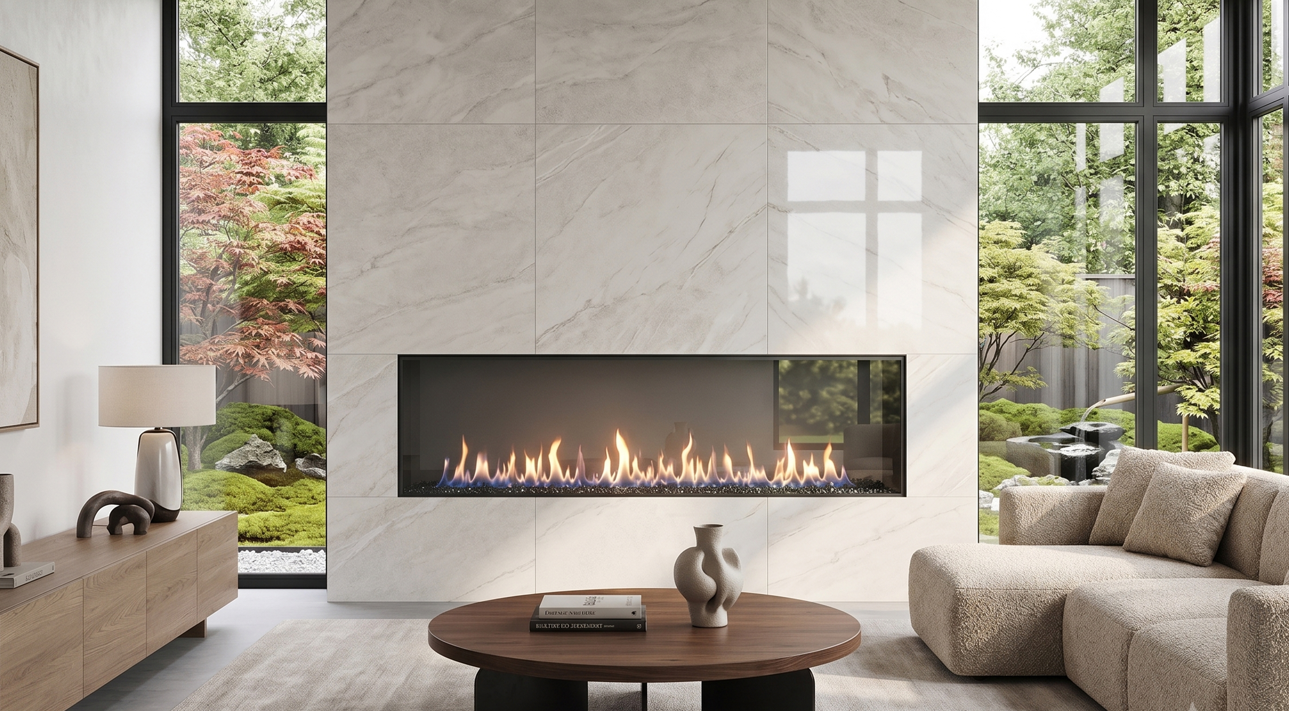 Front Facing 100" x 24" direct vent fireplace installed in a large stone feature wall with garden views
