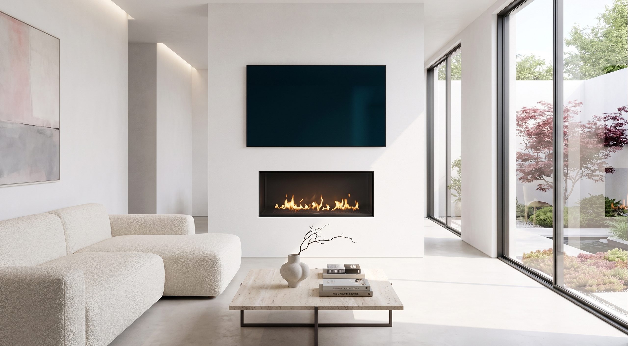 Front Facing 45 R direct vent fireplace in a bright modern living room with frameless glass and linear flame