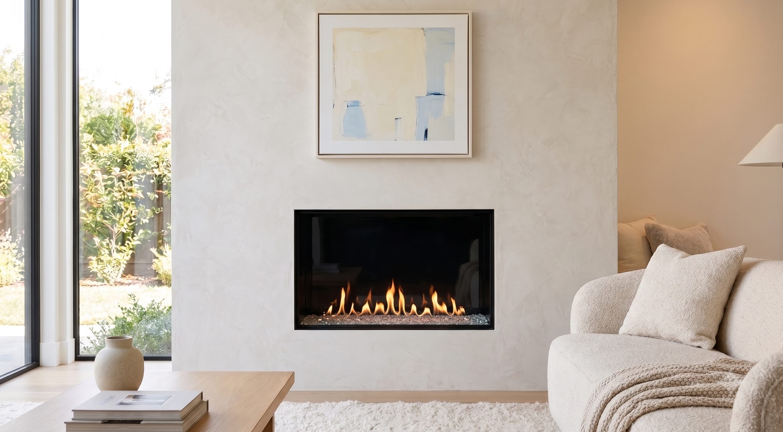 Front Facing 45 EH extra tall direct vent fireplace in a bright contemporary living room with frameless glass and linear flame