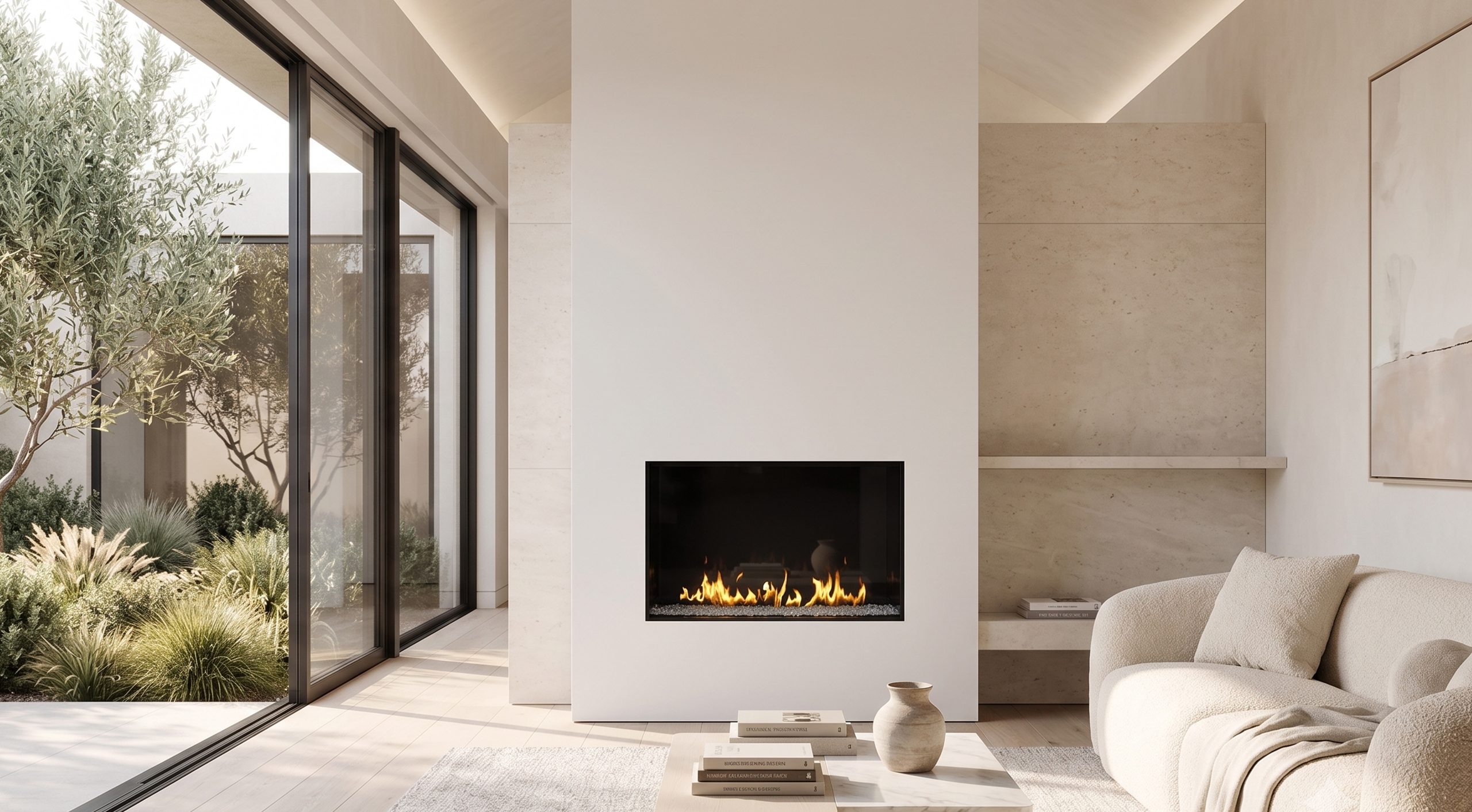 Front Facing 45 EH extra tall direct vent fireplace in a minimalist modern living room with frameless glass and linear flame