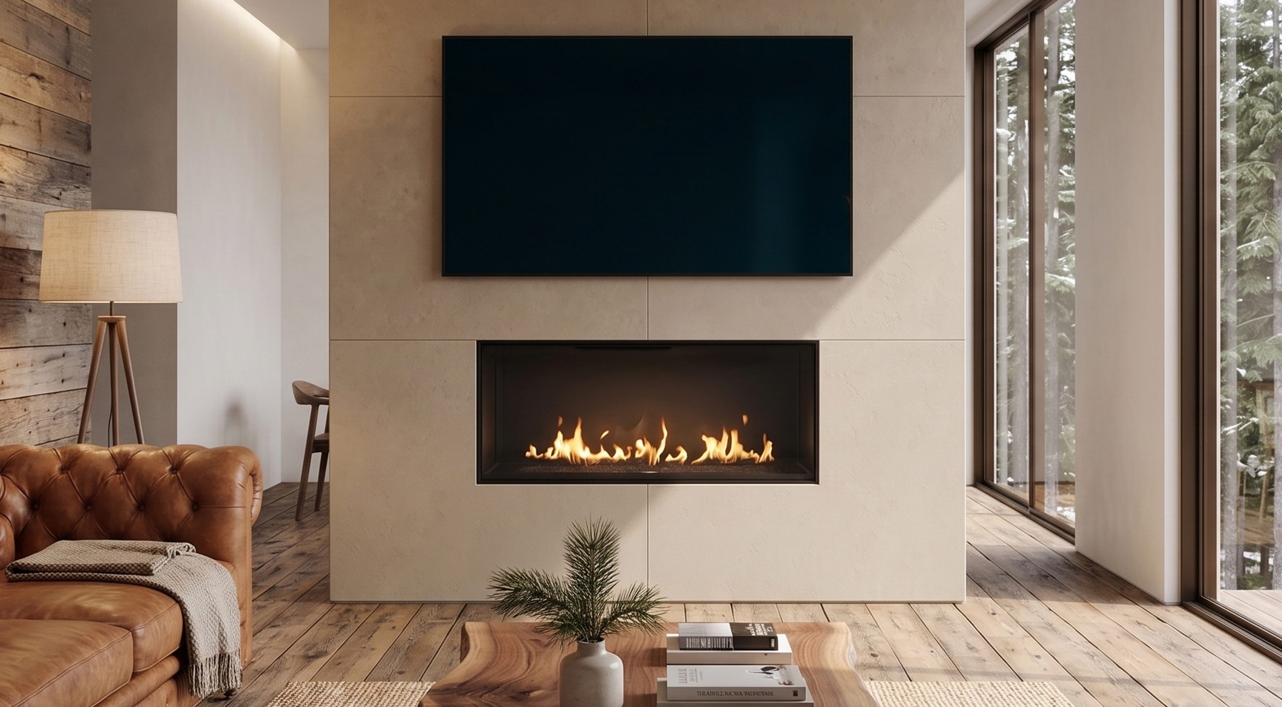 Front Facing 45 R direct vent fireplace in a contemporary living room with frameless glass and linear flame