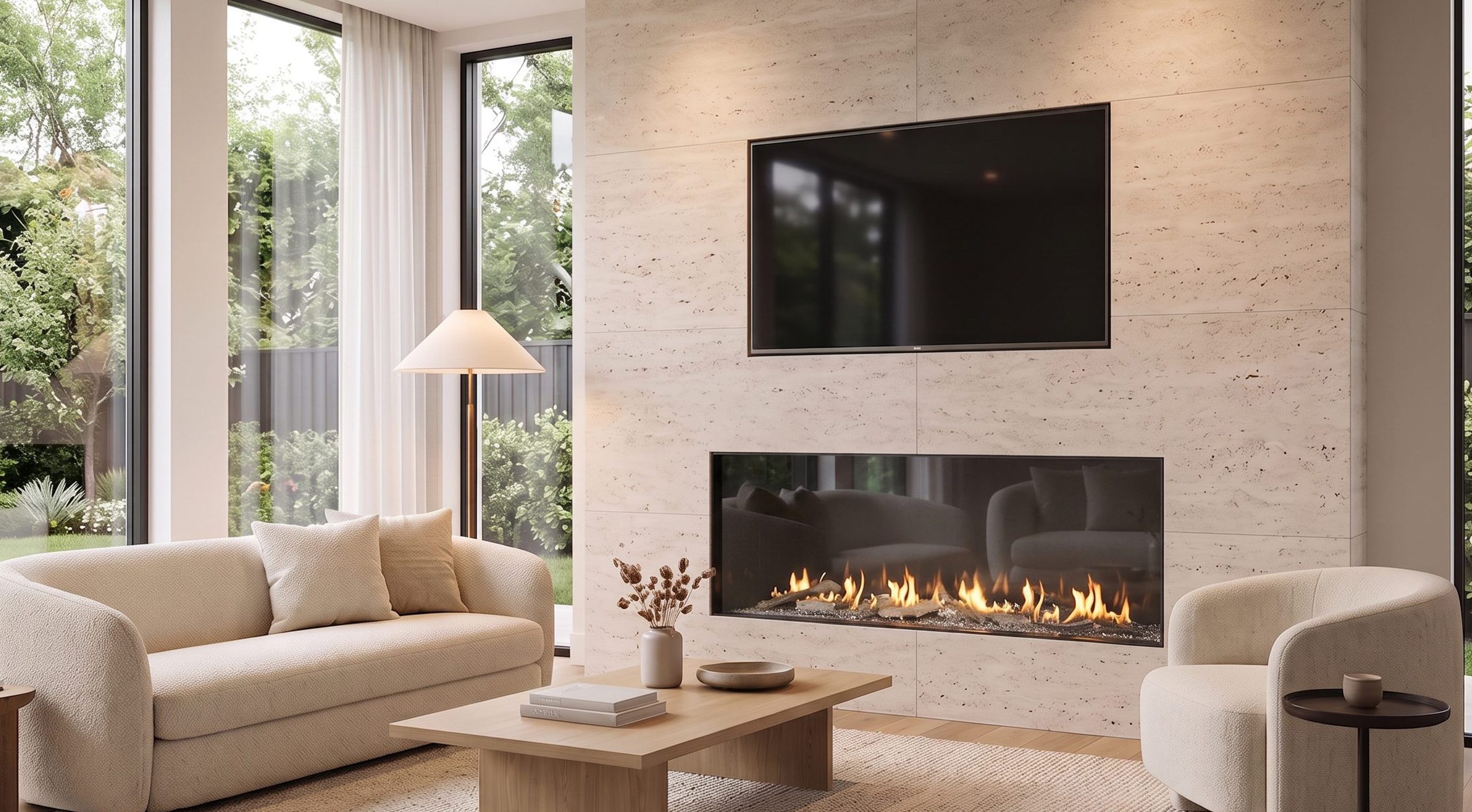 Flare Fireplaces FF70EH extra-high modern linear gas fireplace installed beneath a wall-mounted TV in a luxury contemporary living room with floor-to-ceiling windows.