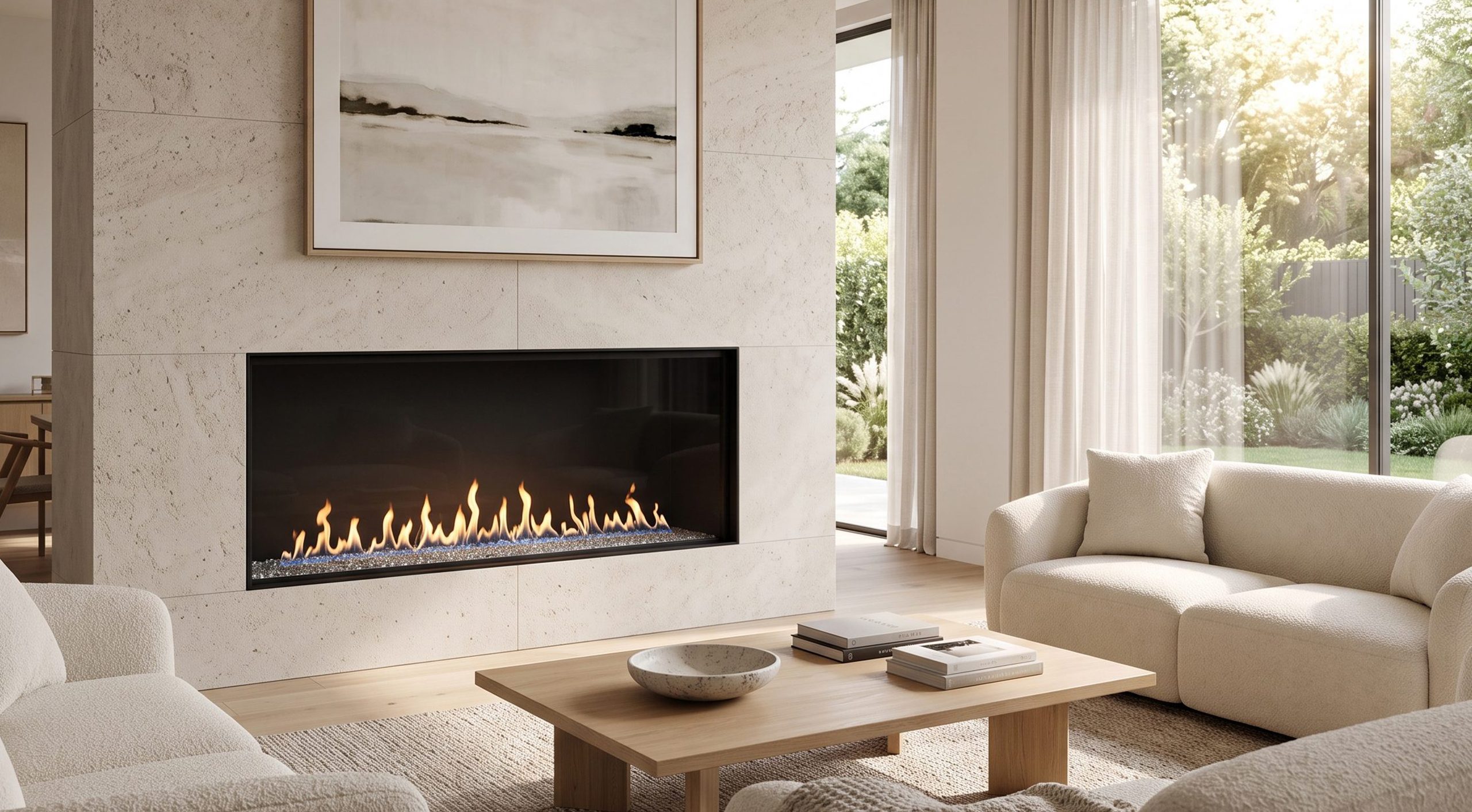 Flare Fireplaces FF70EH extra-high frameless linear gas fireplace with tall modern flames in a luxury contemporary living room overlooking a landscaped outdoor space.
