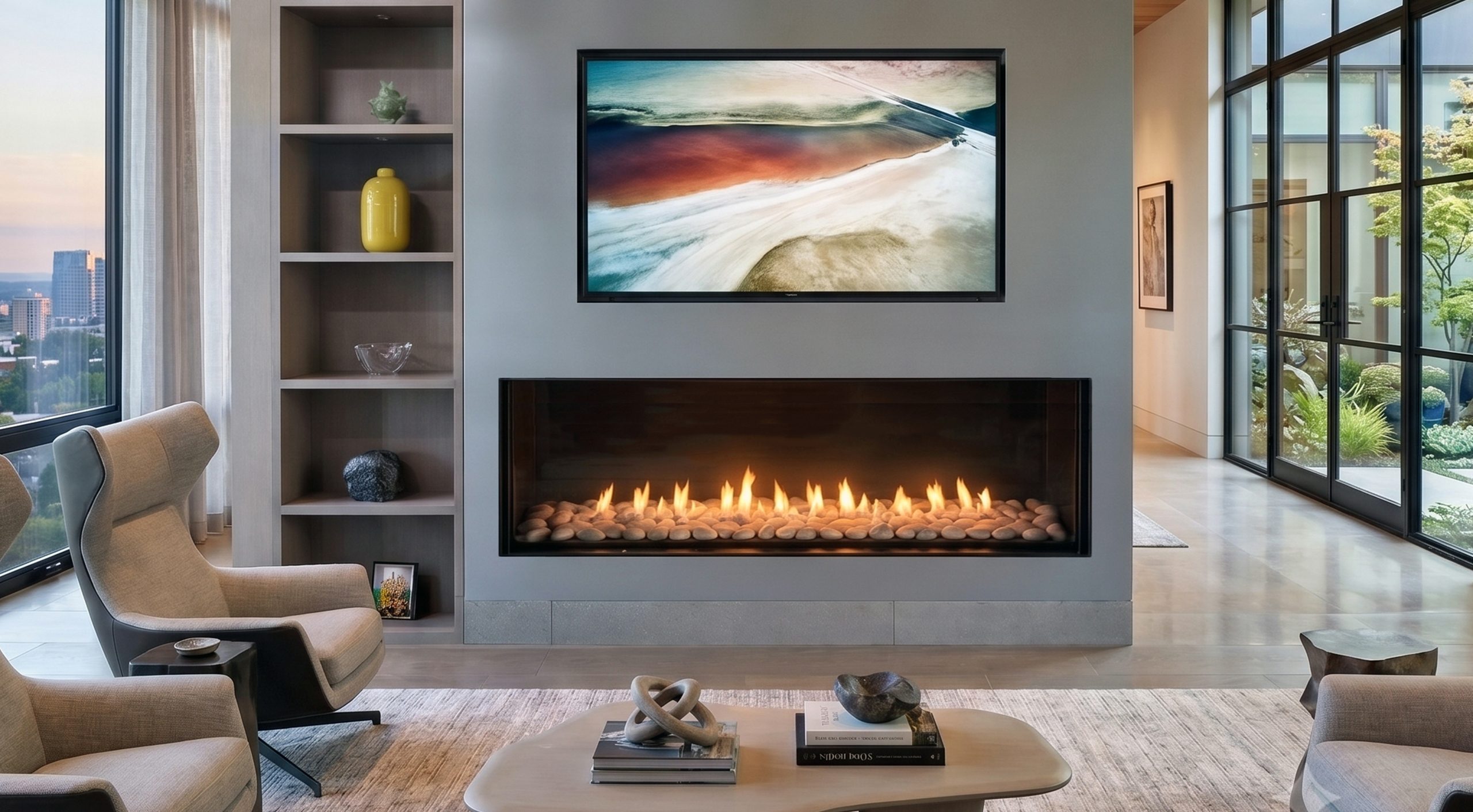 Front Facing 70" x 24" direct vent fireplace installed below a wall-mounted TV in a modern living room