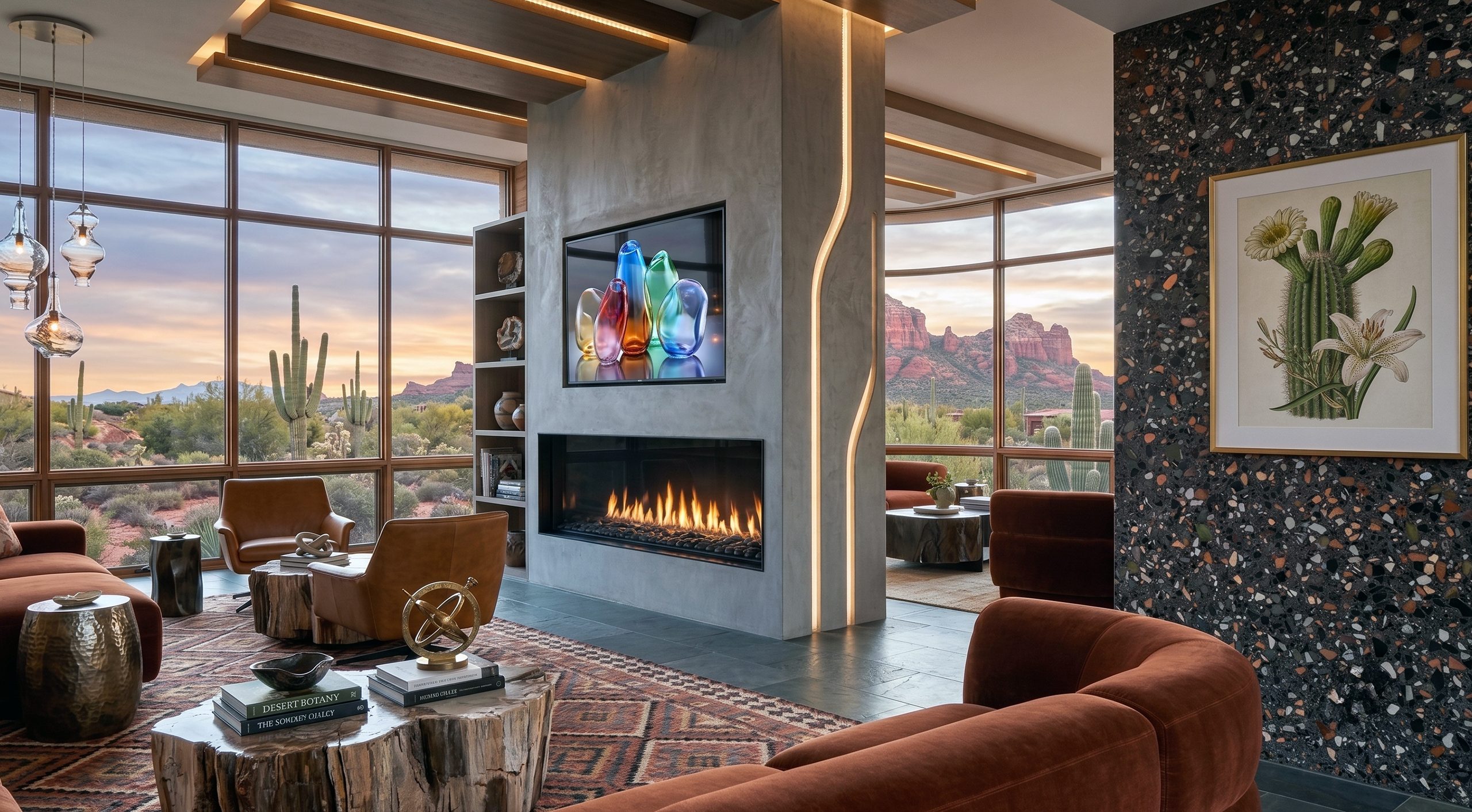 Front Facing 70" x 24" direct vent fireplace in a luxury desert-view living room with floor-to-ceiling windows