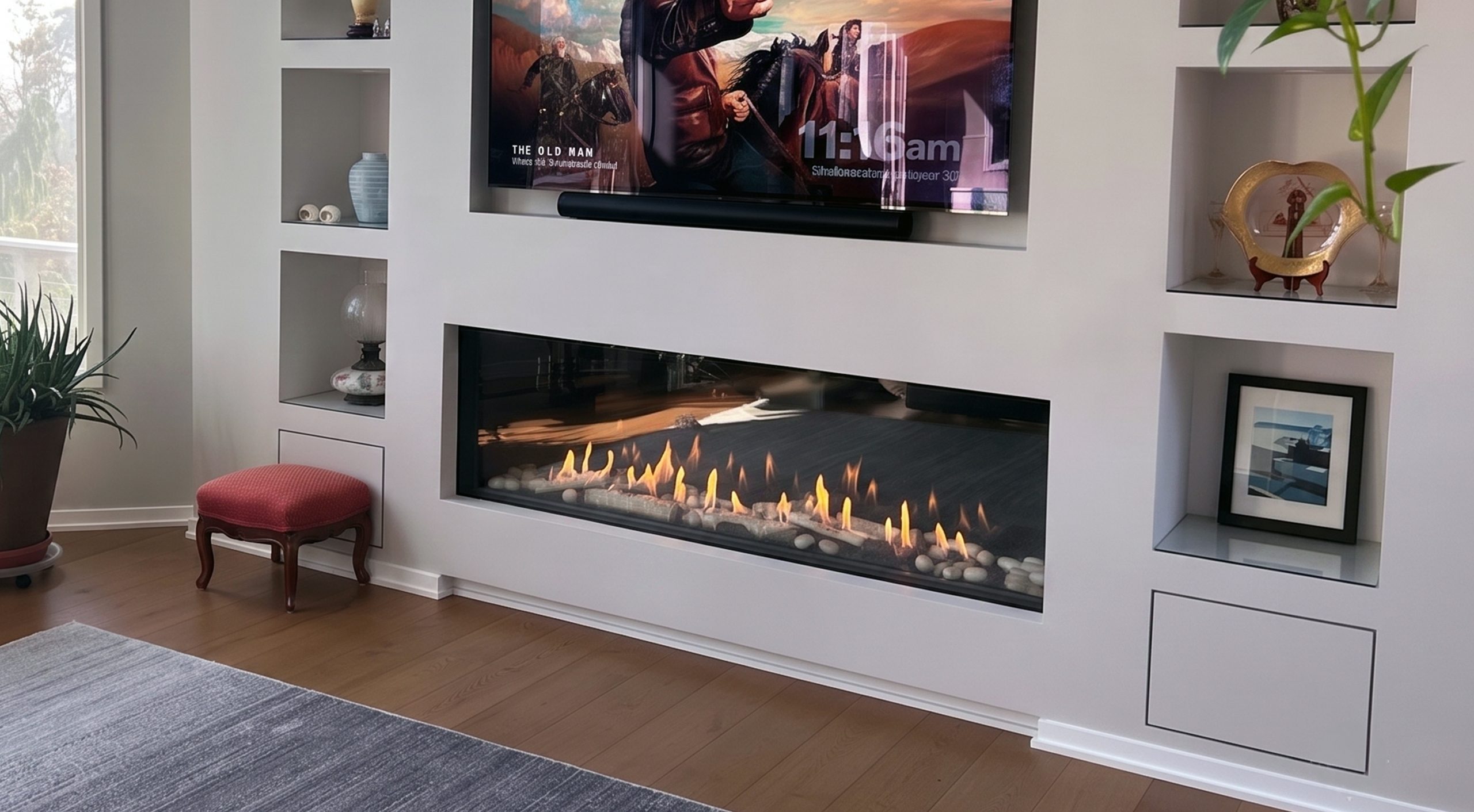 Front Facing 80" x 24" direct vent fireplace installed below a TV in a modern white built-in wall with decorative niches