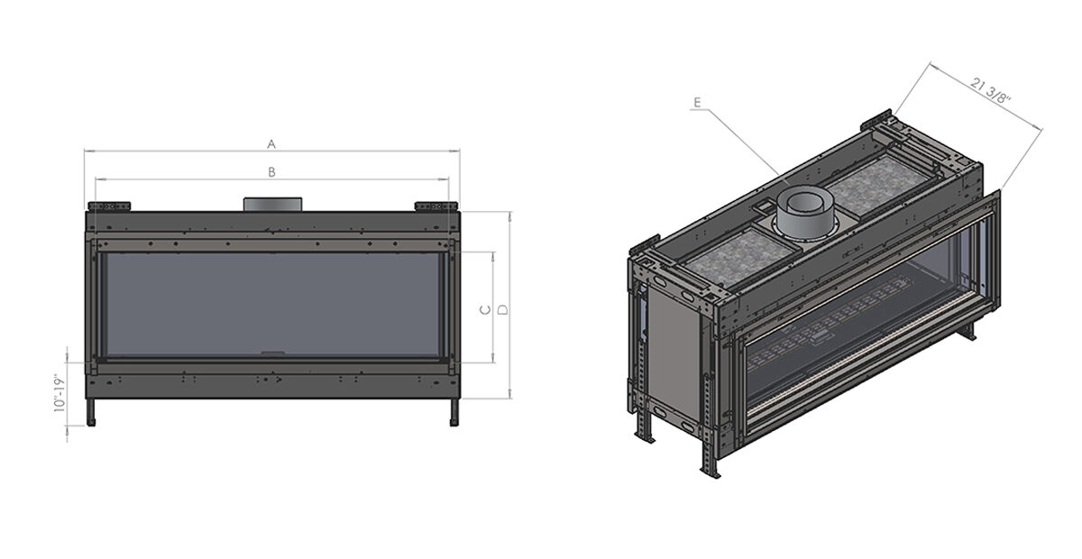 Flare Indoor Outdoor see-through gas fireplace dimension drawing, front and isometric views with measurements A to E