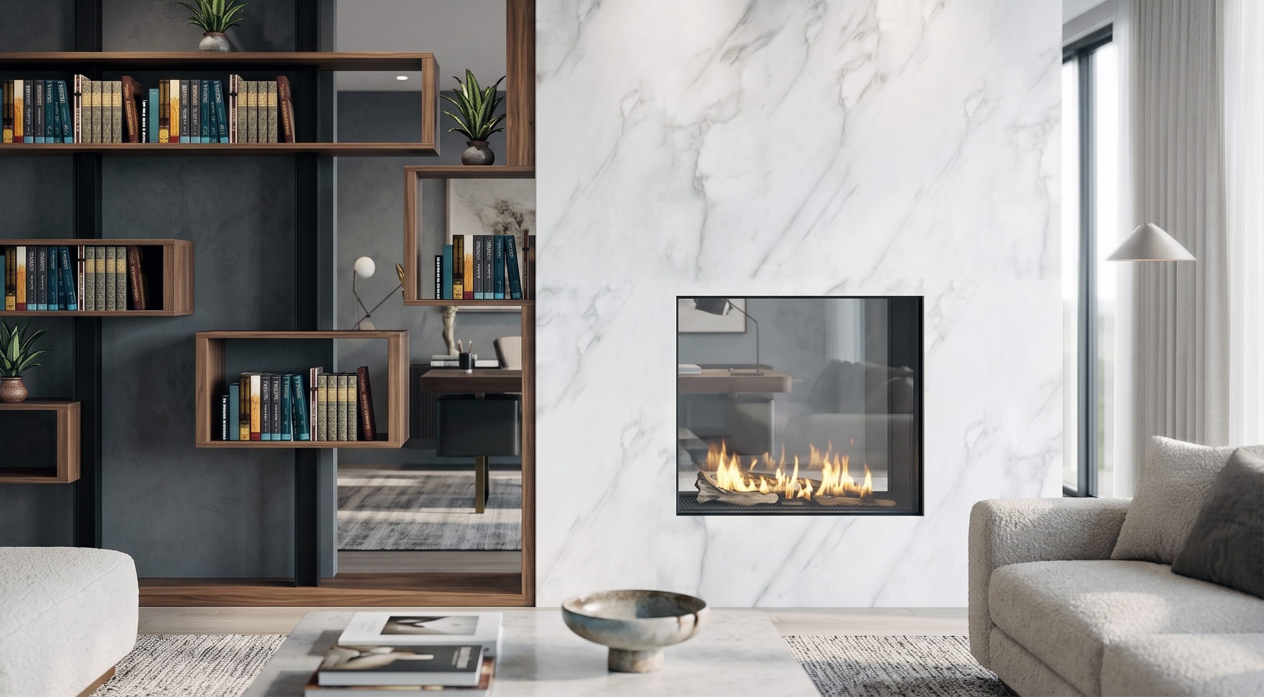 See Through 30 x 24 modern gas fireplace with tall viewing area in contemporary living room