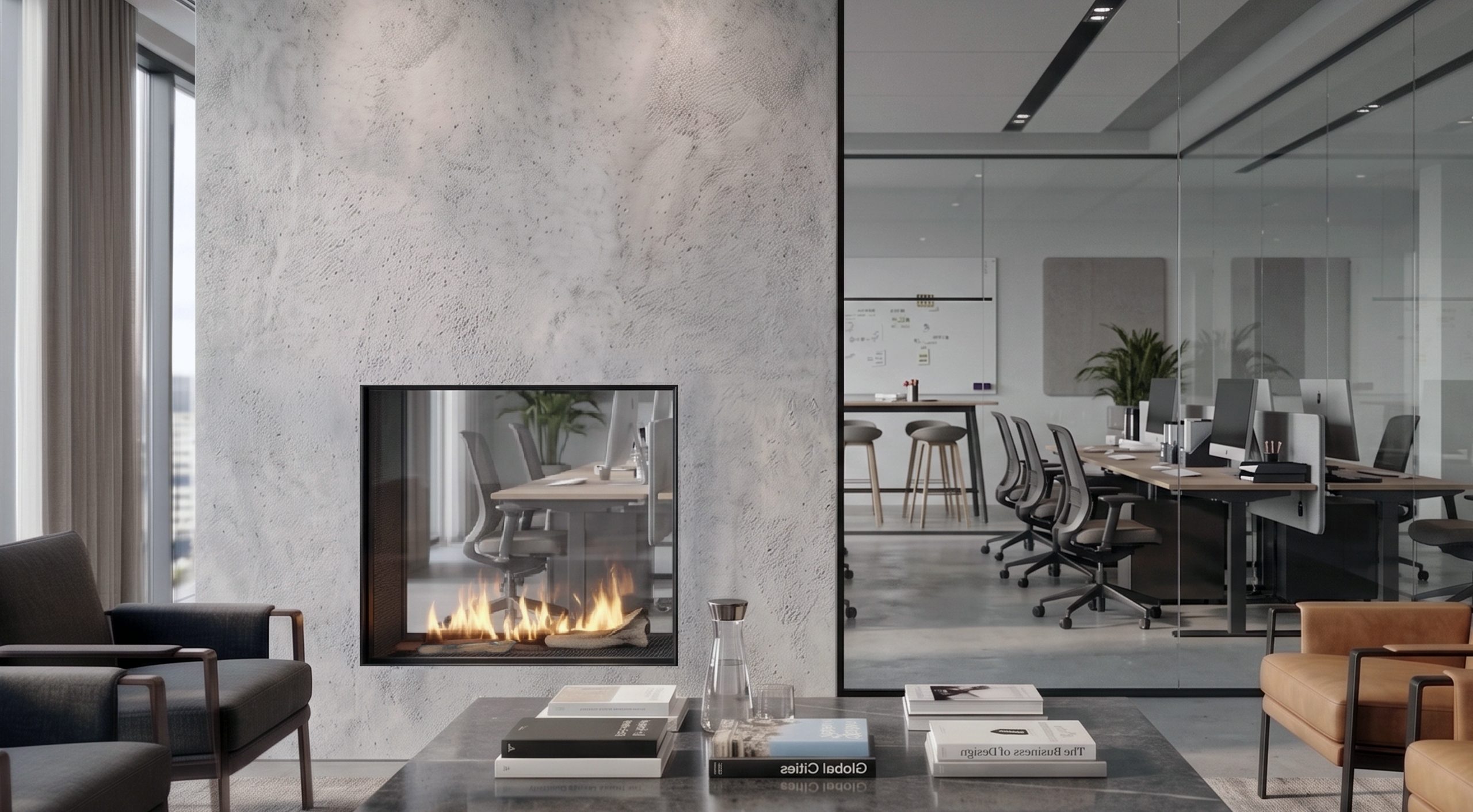See Through 30 x 24 modern gas fireplace installed between contemporary office spaces