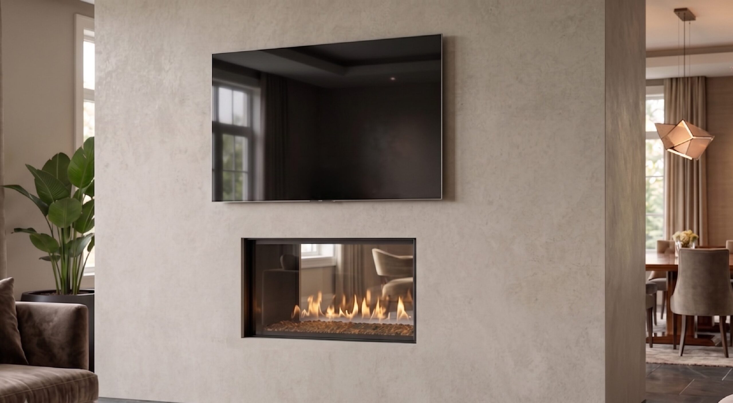 Flare See Through 30 x 16 frameless gas fireplace in a modern plaster wall with TV above
