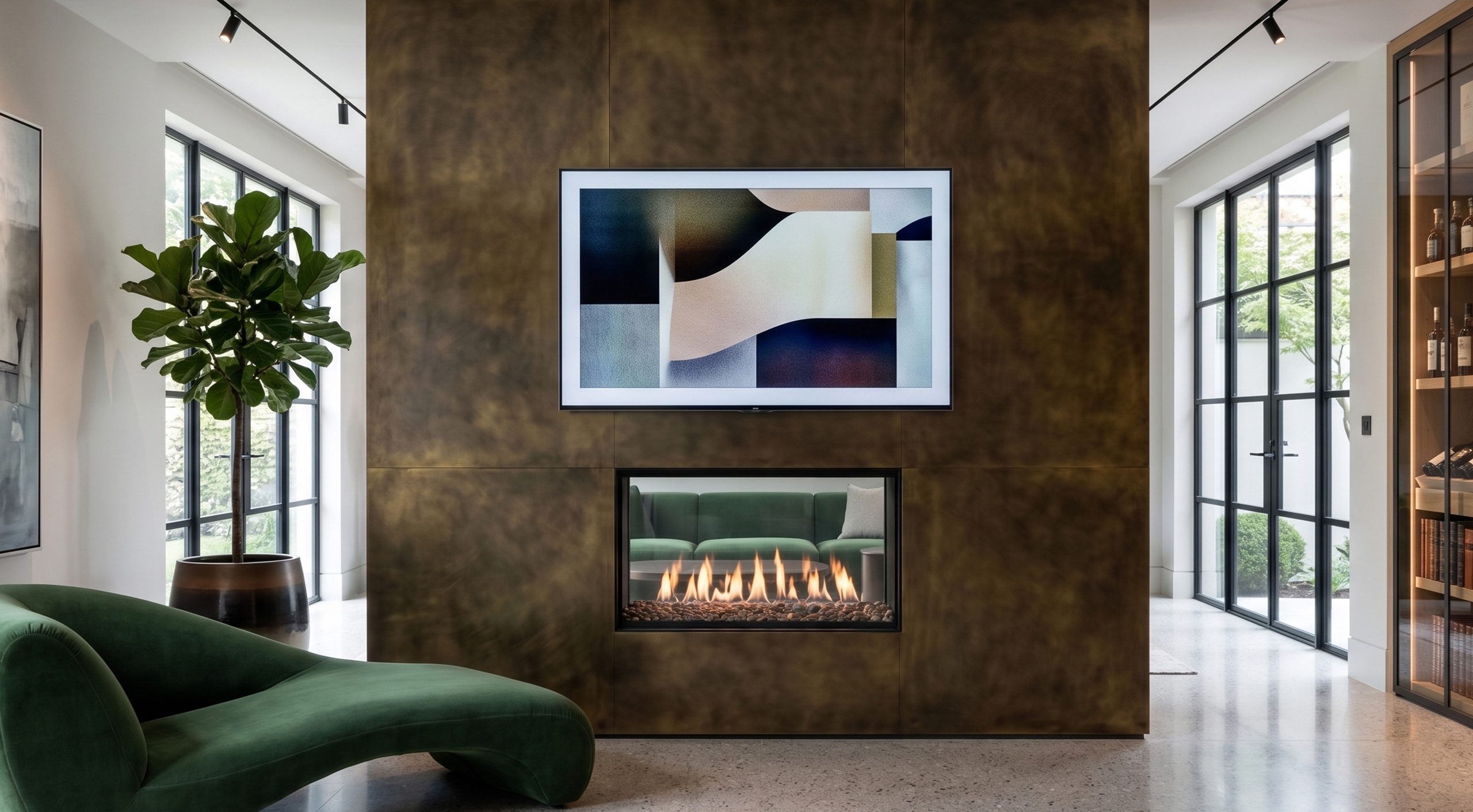 Flare See Through 30 x 16 frameless gas fireplace in a dark metal feature wall