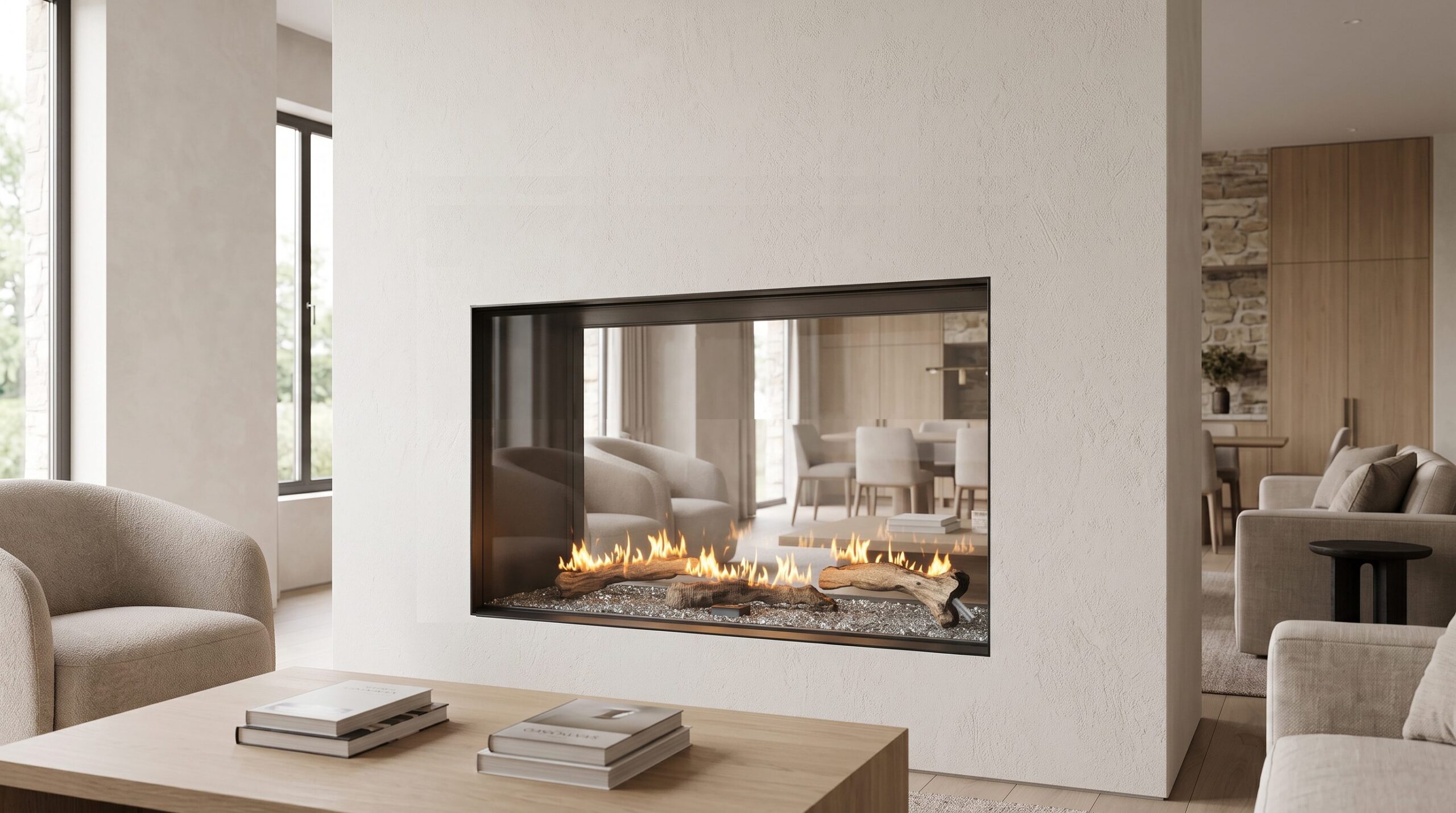 See Through 45 x 24 gas fireplace with driftwood logs in a modern living room
