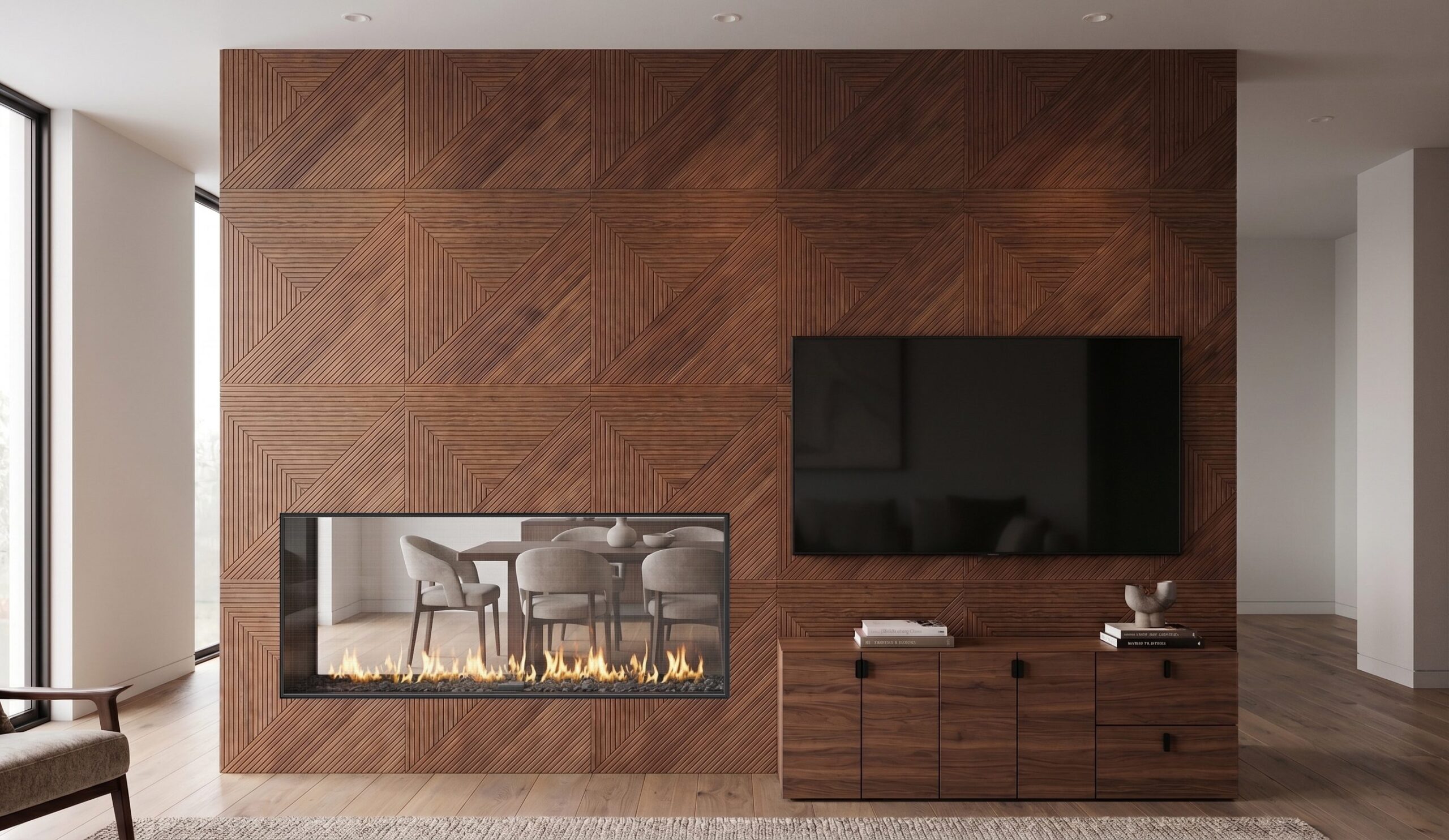 See Through 60 x 24 gas fireplace in a modern wood feature wall