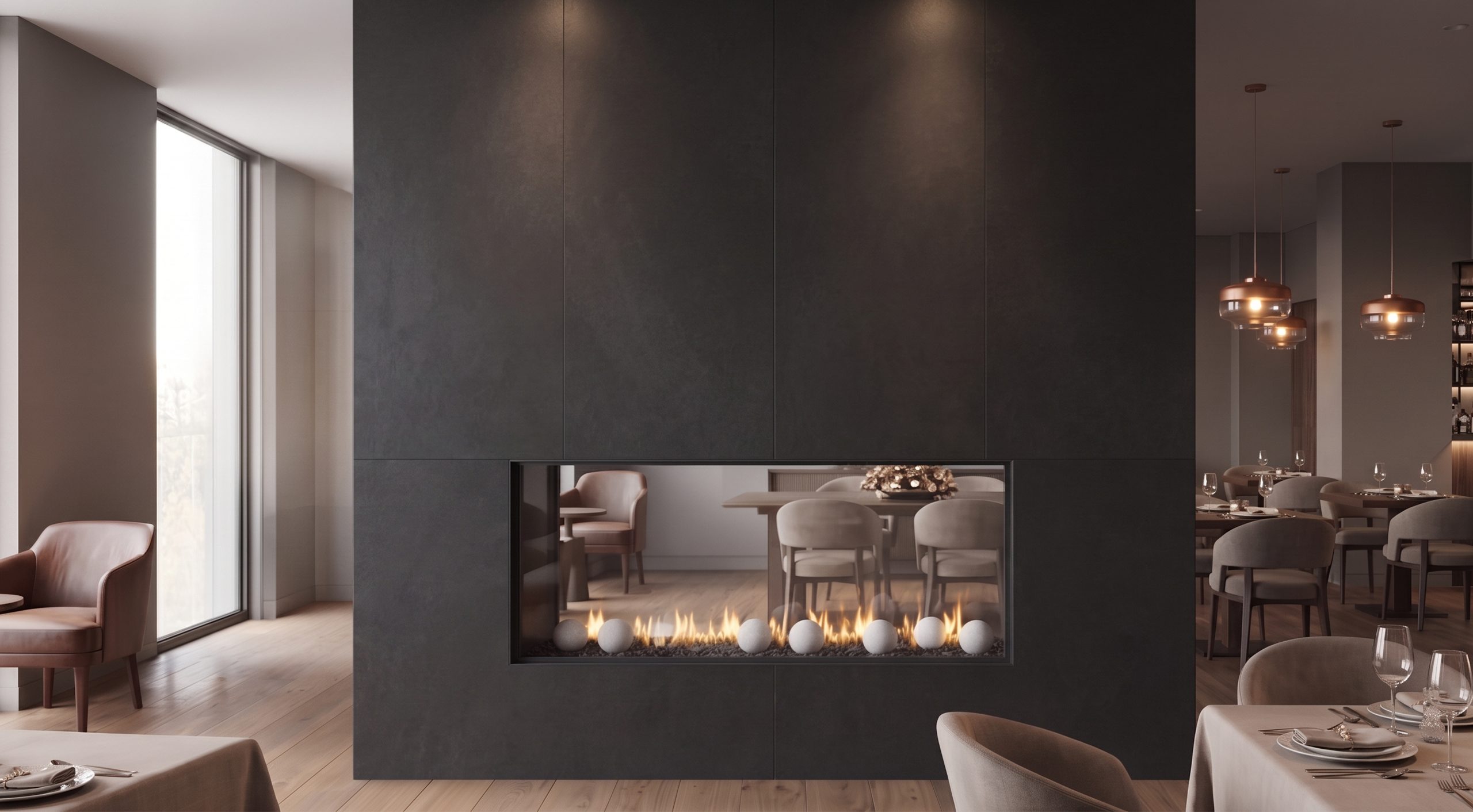 See Through 60 x 24 gas fireplace in a modern restaurant with decorative sphere media