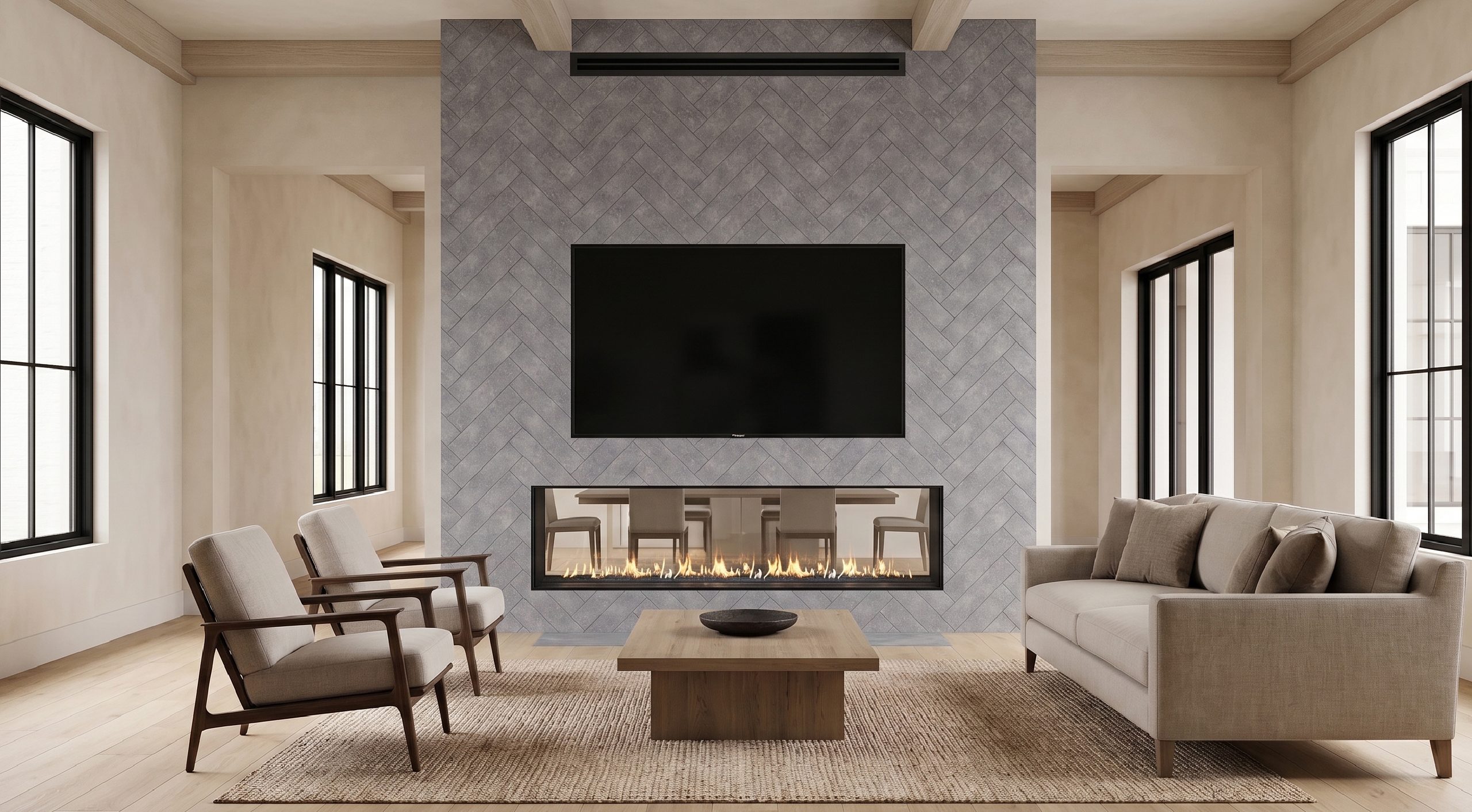 See Through 70 x 24 gas fireplace in a light modern farmhouse living room