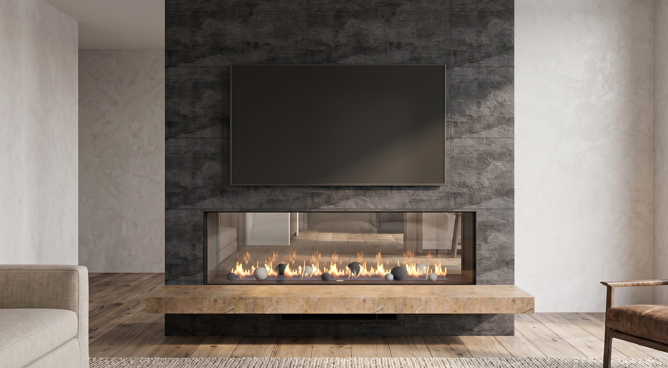 See Through 80 x 24 gas fireplace in a modern dark stone feature wall