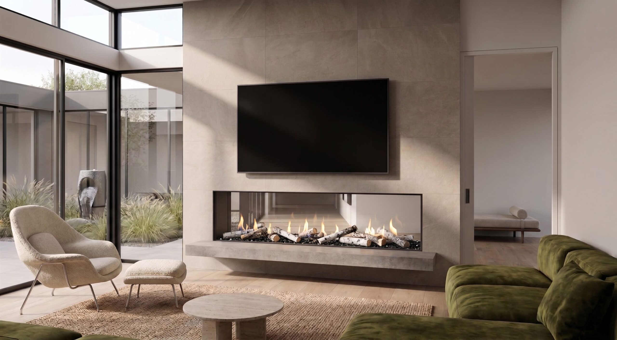 See Through 80 x 24 gas fireplace with birch logs in a modern courtyard living room