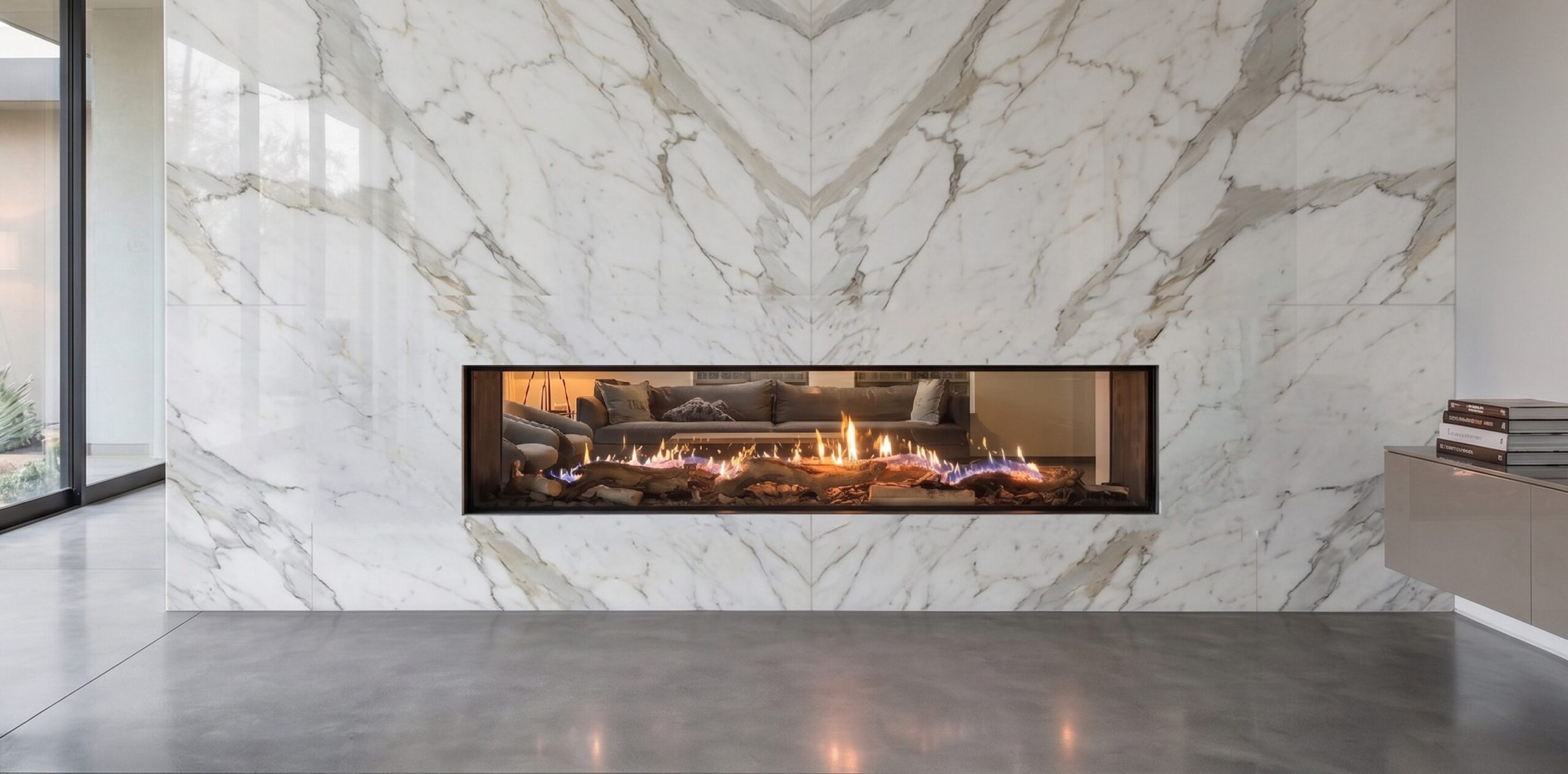Flare See Through 80 x 16 frameless gas fireplace in a white marble feature wall