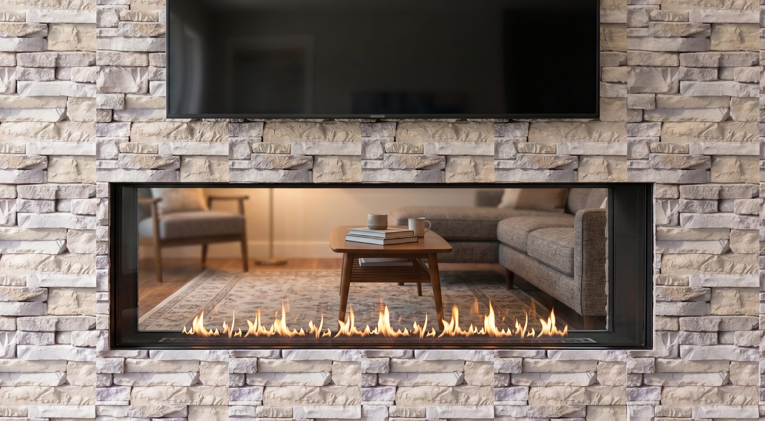 See Through 100 x 30 gas fireplace in a stacked stone feature wall beneath a television