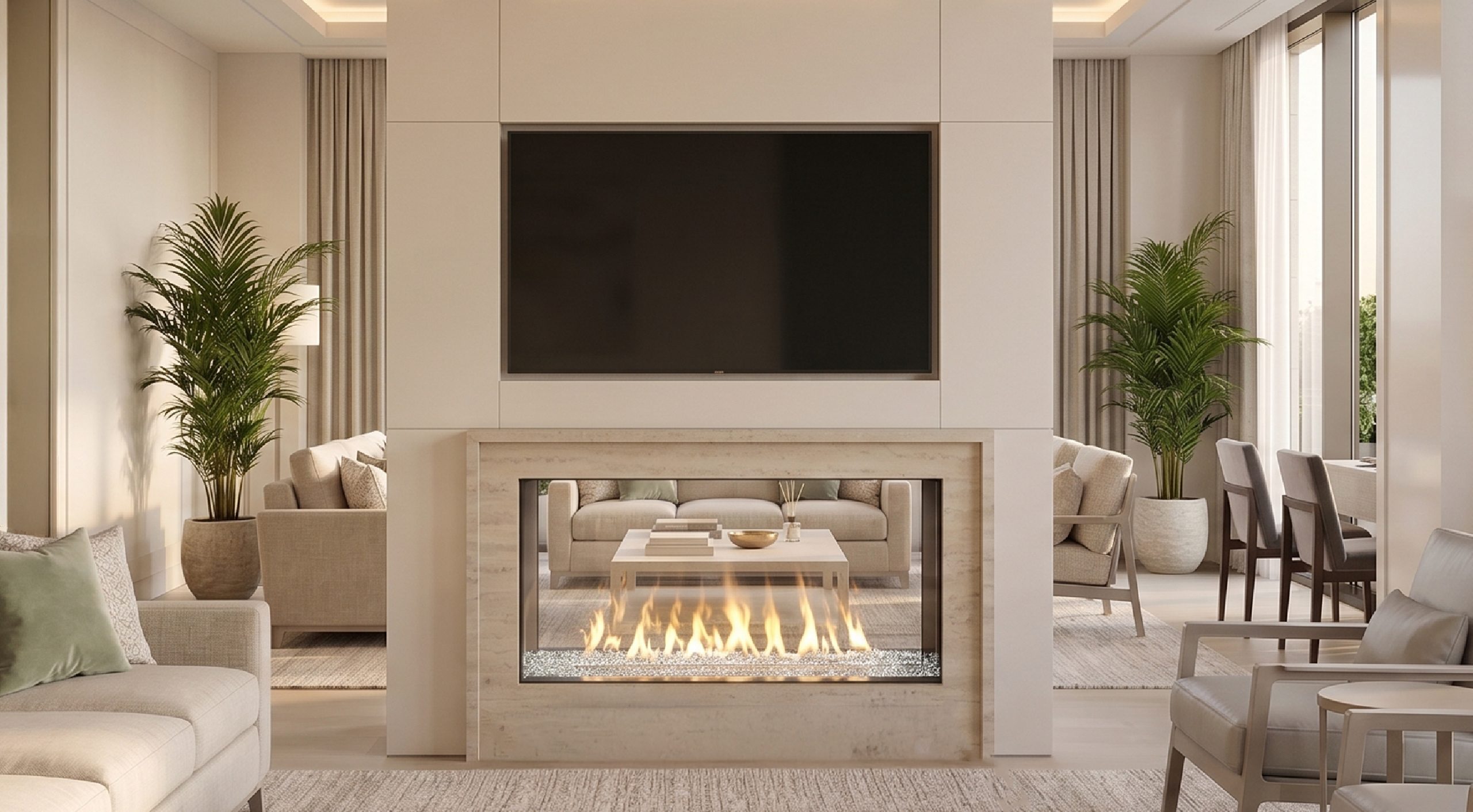 See Through 60 x 30 gas fireplace in a luxury contemporary living room with stone surround
