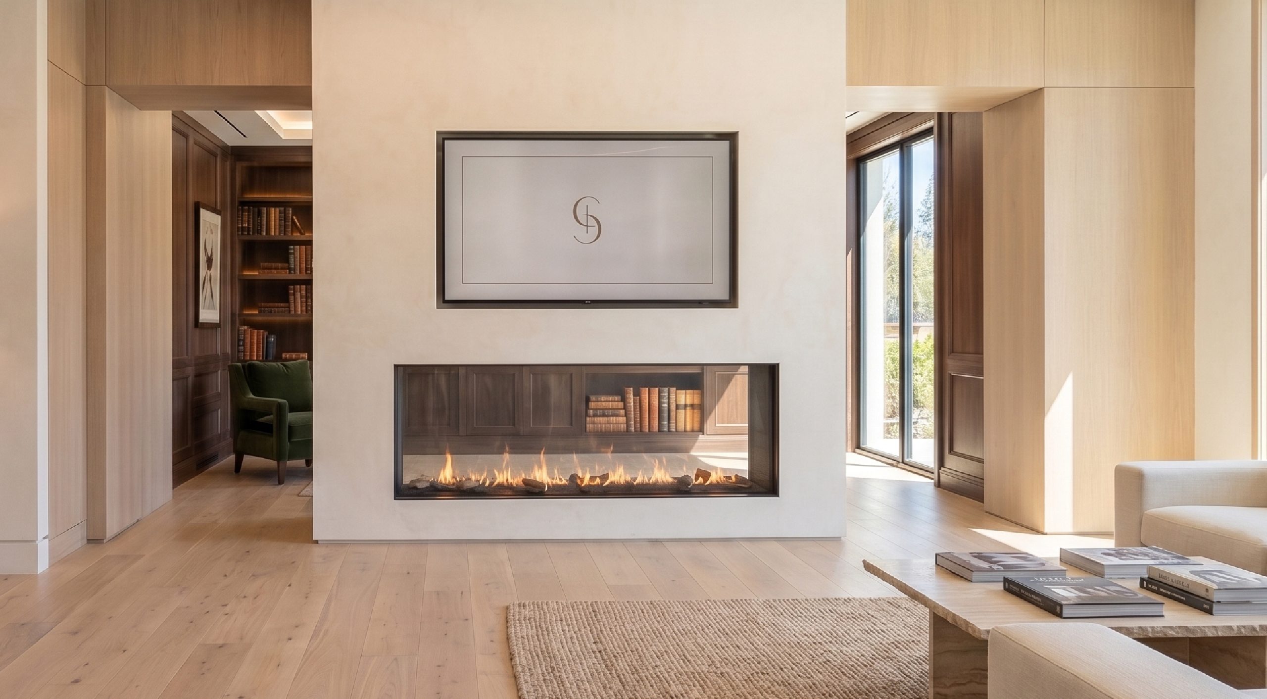 See Through 80 x 30 gas fireplace in a bright luxury living room with driftwood log media