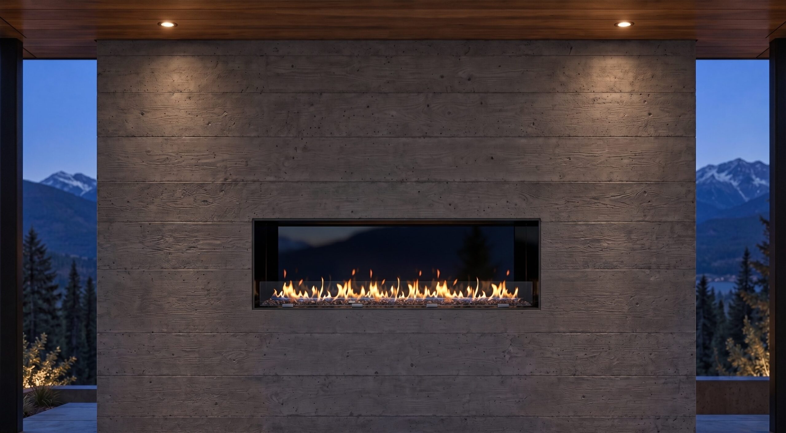 Linear gas fireplace set into a board-formed concrete wall with mountain views at dusk.