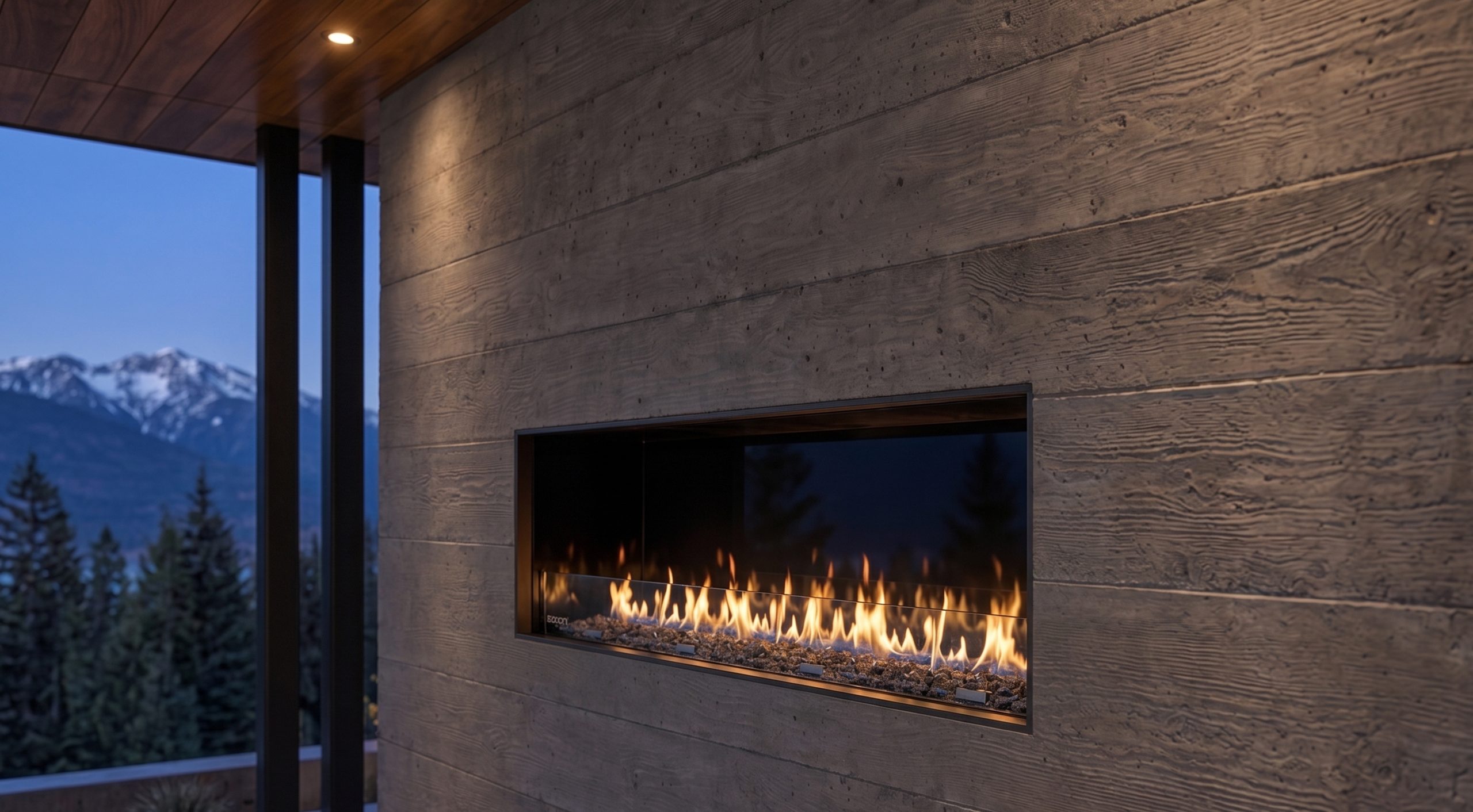 Angled view of a linear gas fireplace in a concrete wall overlooking snow-capped mountains at dusk.