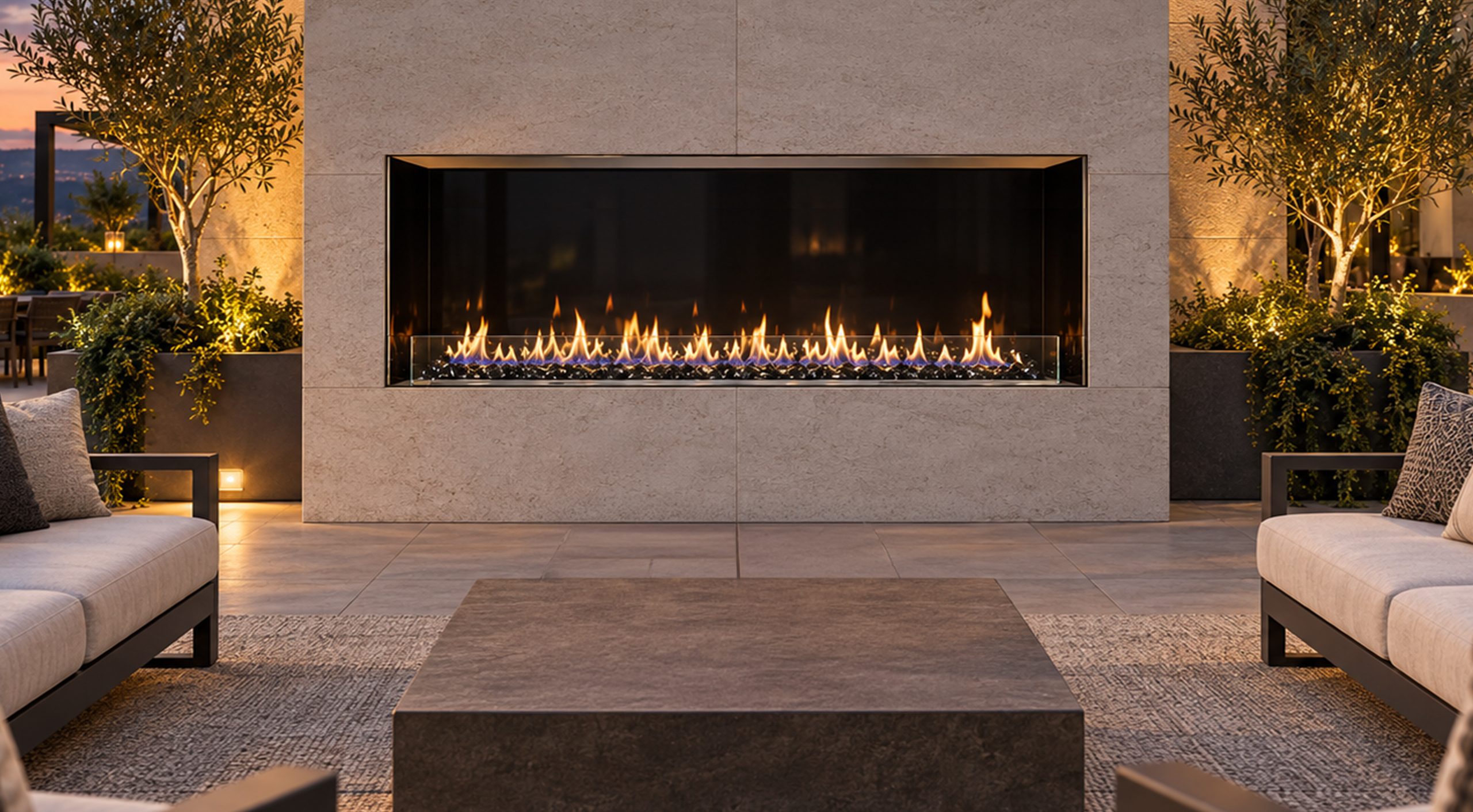 70-inch by 24-inch outdoor vent-free linear gas fireplace with black reflective glass interior and black fire glass in a luxury public patio setting
